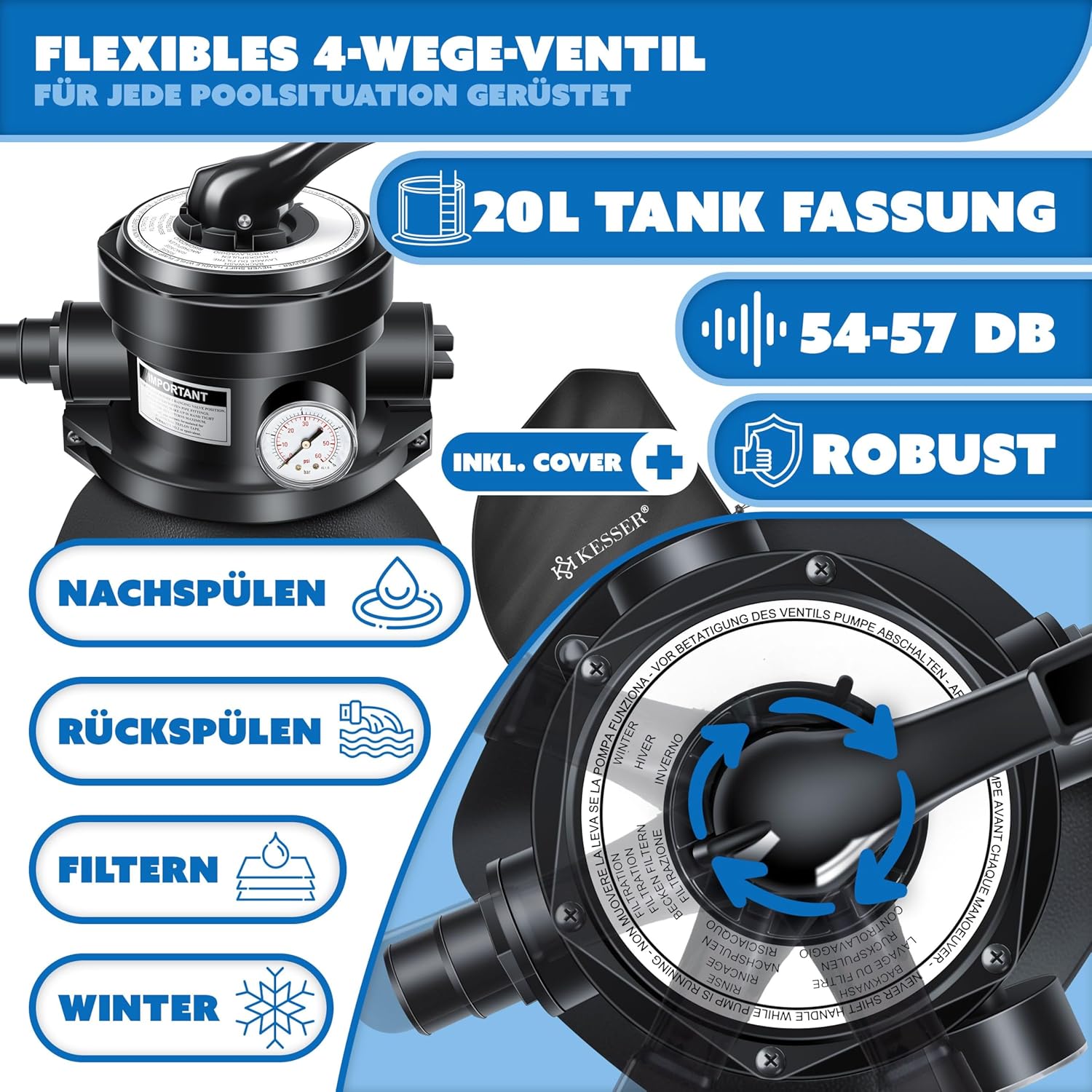 KESSER® Sandfilter Sandfilteranlage+ 800g Filterbälle ersetzen 25kg Filtersand-Poolfilter 10 m3/h Filteranlage Filterkessel für Pool Schwimmbecken 4-Wege Ventil,einfache Steuerung,Inkl. Cover, Schwarz — Ansicht 5