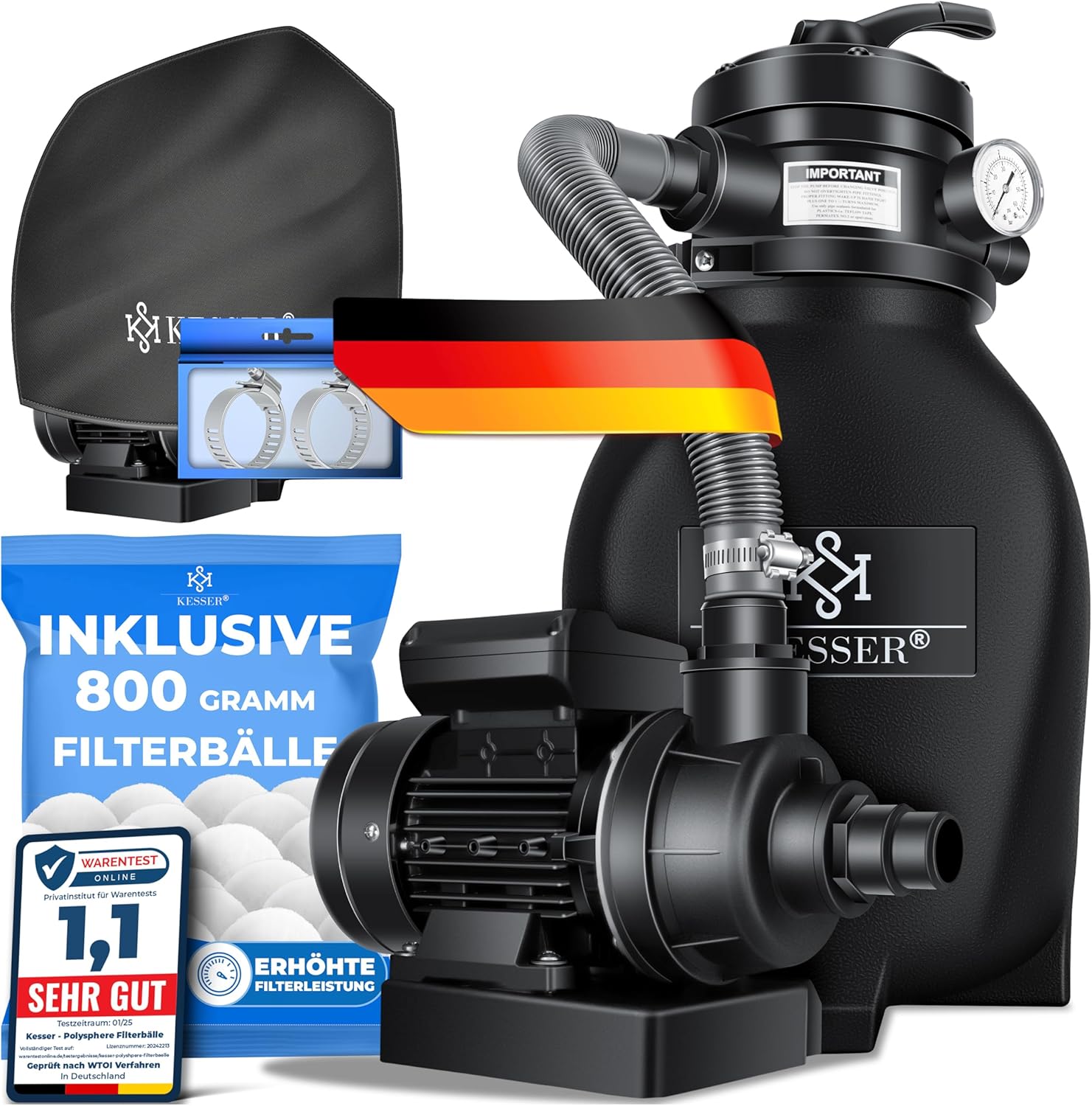 KESSER® Sandfilter Sandfilteranlage+ 800g Filterbälle ersetzen 25kg Filtersand-Poolfilter 10 m3/h Filteranlage Filterkessel für Pool Schwimmbecken 4-Wege Ventil,einfache Steuerung,Inkl. Cover, Schwarz
