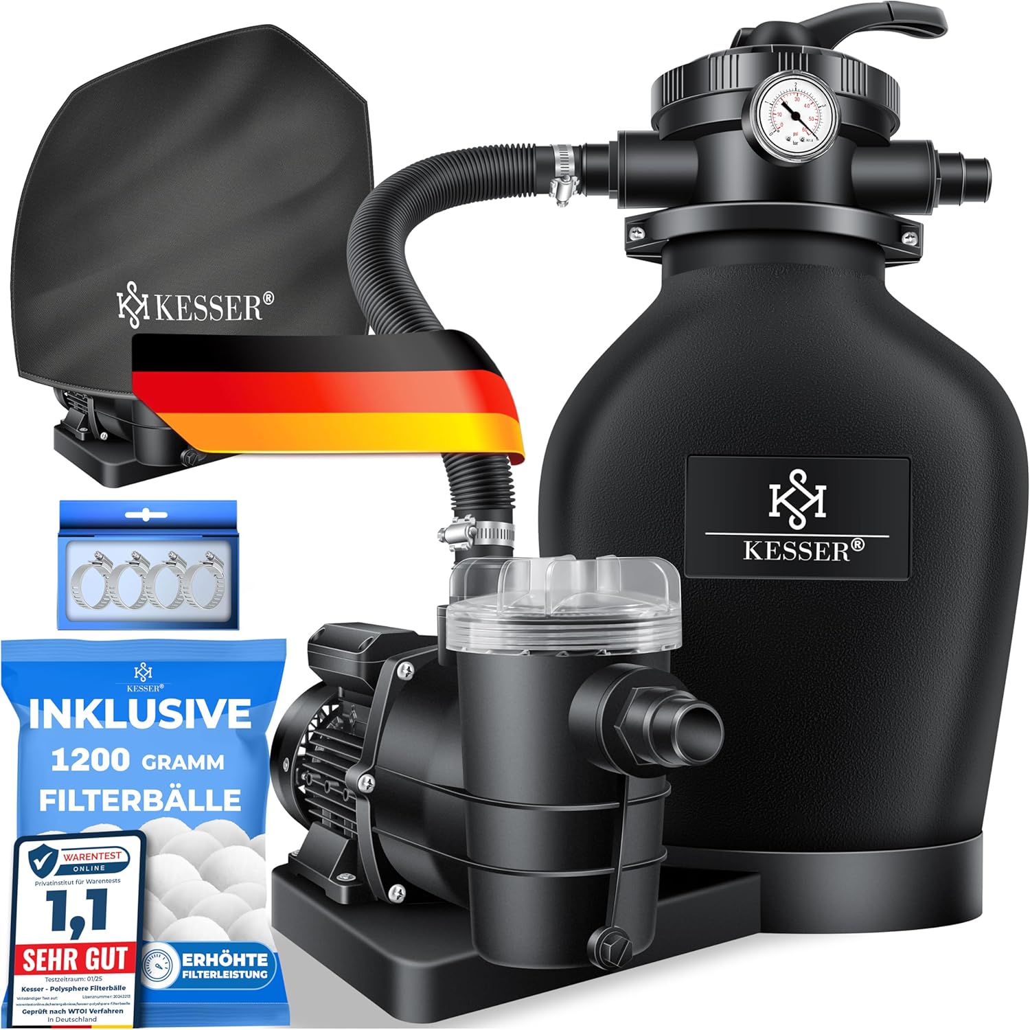 KESSER® Sandfilteranlage mit Pumpe & 1200g Filterbälle | Poolfilter 600W | Sandfilter für Pool 13200L/h Durchfluss | Tankvolumen bis 30kg Sand | 7-Wege Ventil mit Druckmanometer, Abdeckung & Zubehör