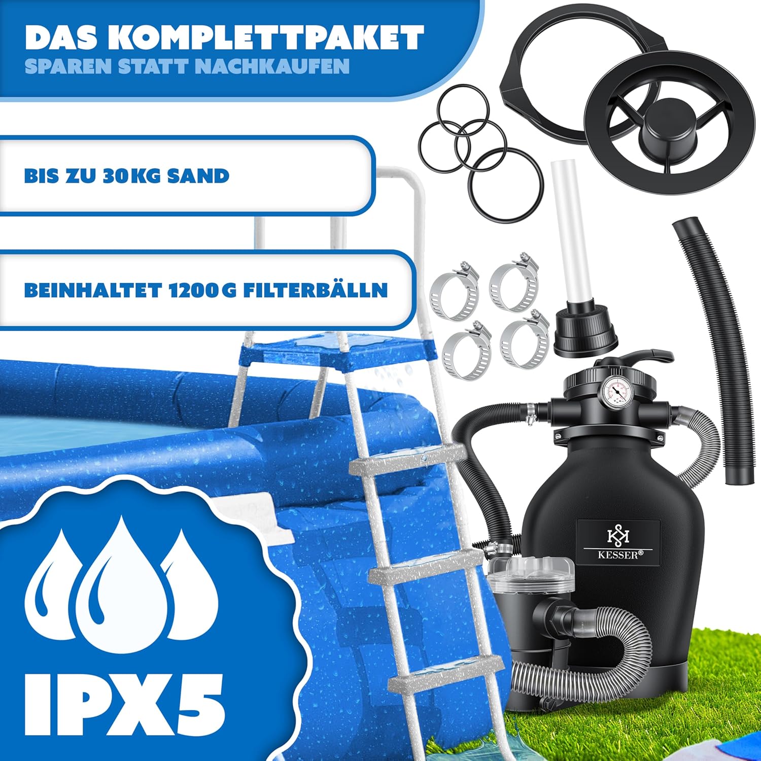 KESSER® Sandfilteranlage mit Pumpe & 1200g Filterbälle | Poolfilter 600W | Sandfilter für Pool 13200L/h Durchfluss | Tankvolumen bis 30kg Sand | 7-Wege Ventil mit Druckmanometer, Abdeckung & Zubehör — Ansicht 4