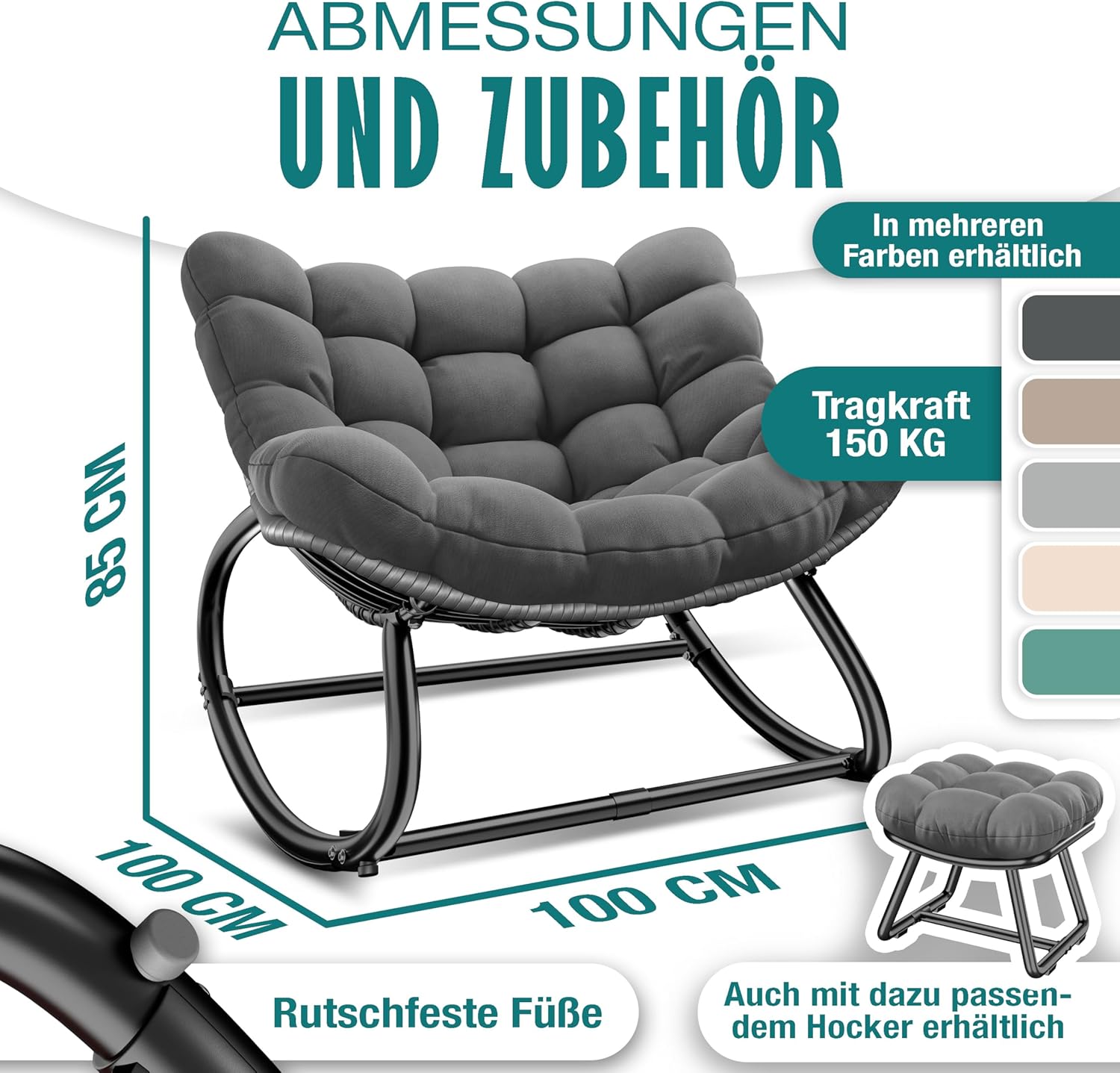 KESSER® Schaukelstuhl XXL Outdoor, ergonomischer Schaukelsessel mit Sitzpolster für In- & Outdoor, Relaxsessel Garten, Balkon Sessel, wetterfester Gartenstuhl bequem, rutschfest, bis 150kg, Anthrazit — Ansicht 2