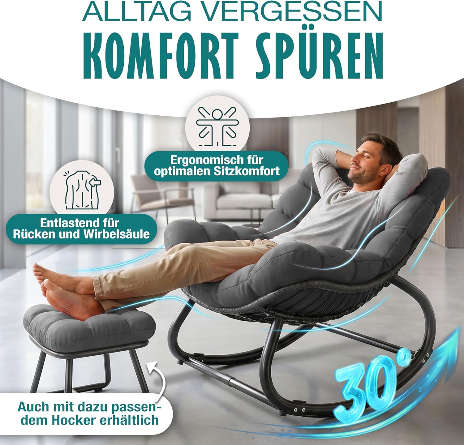 KESSER® Schaukelstuhl XXL Outdoor, ergonomischer Schaukelsessel mit Sitzpolster für In- & Outdoor, Relaxsessel Garten, Balkon Sessel, wetterfester Gartenstuhl bequem, rutschfest, bis 150kg, Anthrazit — Ansicht 5
