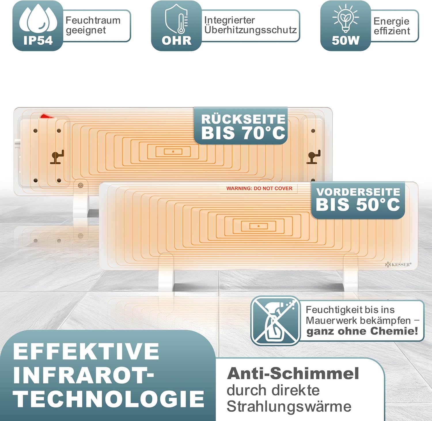 KESSER® Schimmel Infrarotheizung Schimmelentferner 50W Bad & Wandheizer | Schimmelfrei ohne Chemie — Ansicht 6