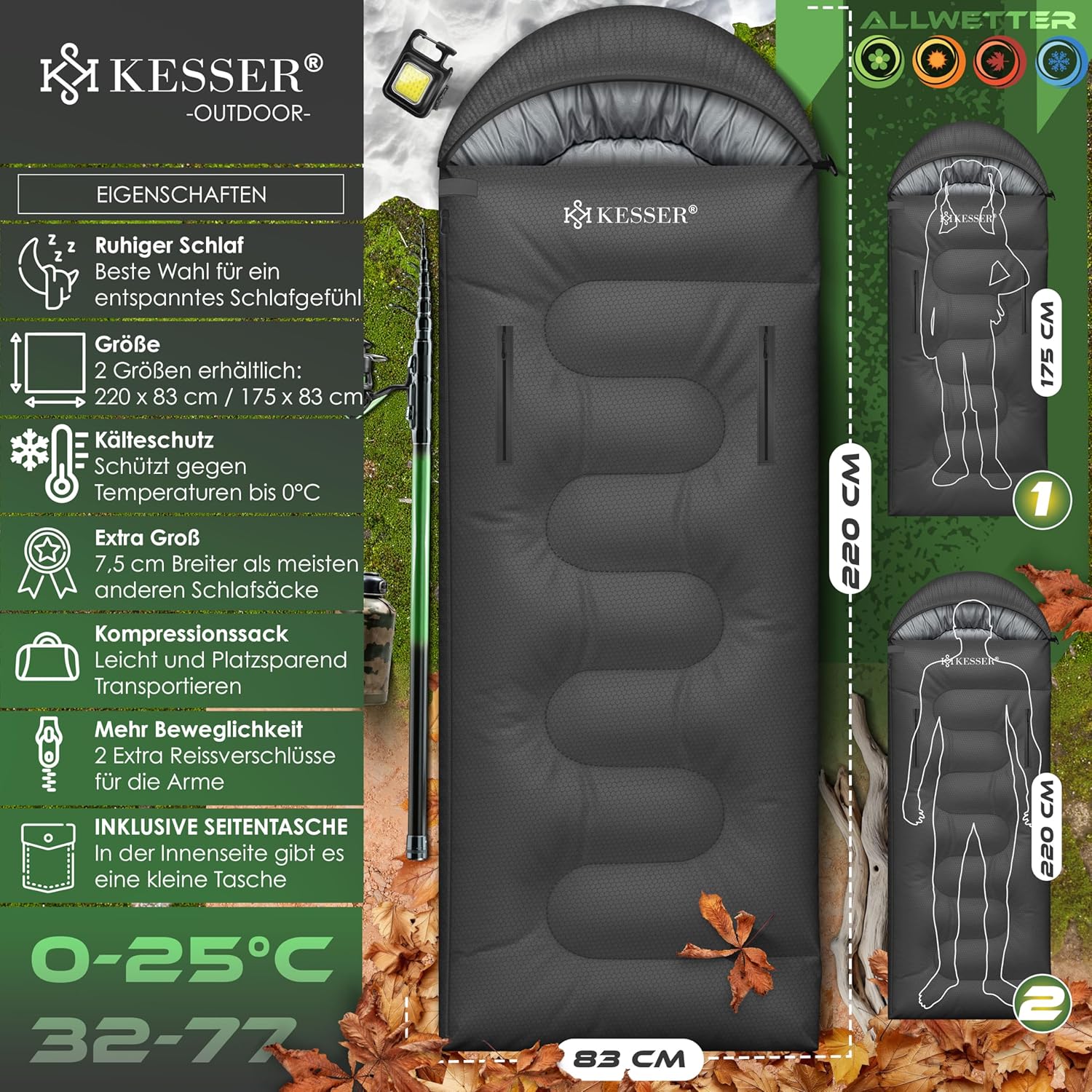 KESSER® Schlafsack Outdoor | Deckenschlafsack 3-4 Jahreszeiten | Camping-Sleeping-Bag für Erwachsene & Kinder | Leicht Tragbar Warm & Wasserabweisend inkl. Campinglampe & Seitentasche — Ansicht 2