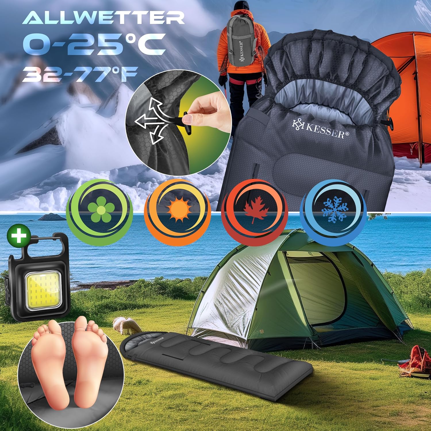 KESSER® Schlafsack Outdoor | Deckenschlafsack 3-4 Jahreszeiten | Camping-Sleeping-Bag für Erwachsene & Kinder | Leicht Tragbar Warm & Wasserabweisend inkl. Campinglampe & Seitentasche — Ansicht 3