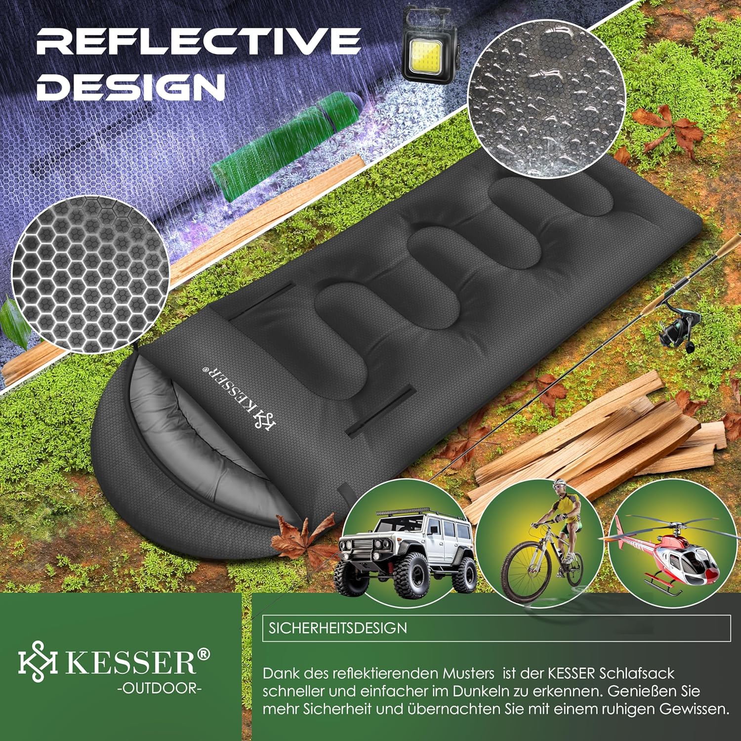 KESSER® Schlafsack Outdoor | Deckenschlafsack 3-4 Jahreszeiten | Camping-Sleeping-Bag für Erwachsene & Kinder | Leicht Tragbar Warm & Wasserabweisend inkl. Campinglampe & Seitentasche — Ansicht 6