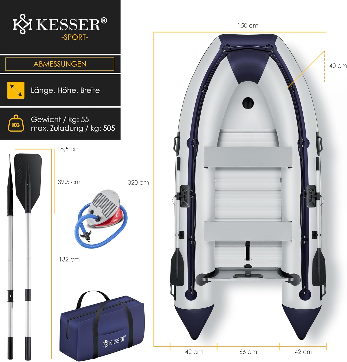 KESSER® Schlauchboot Wave 230-320 cm Set 6-teilig aufblasbar – Boot + Bank, Luftpumpe, Paddel, Reparaturset, Tasche, Angelboot, Paddelboot klein und groß - Motorkombi möglich, Salzwasser geeignet — Ansicht 6