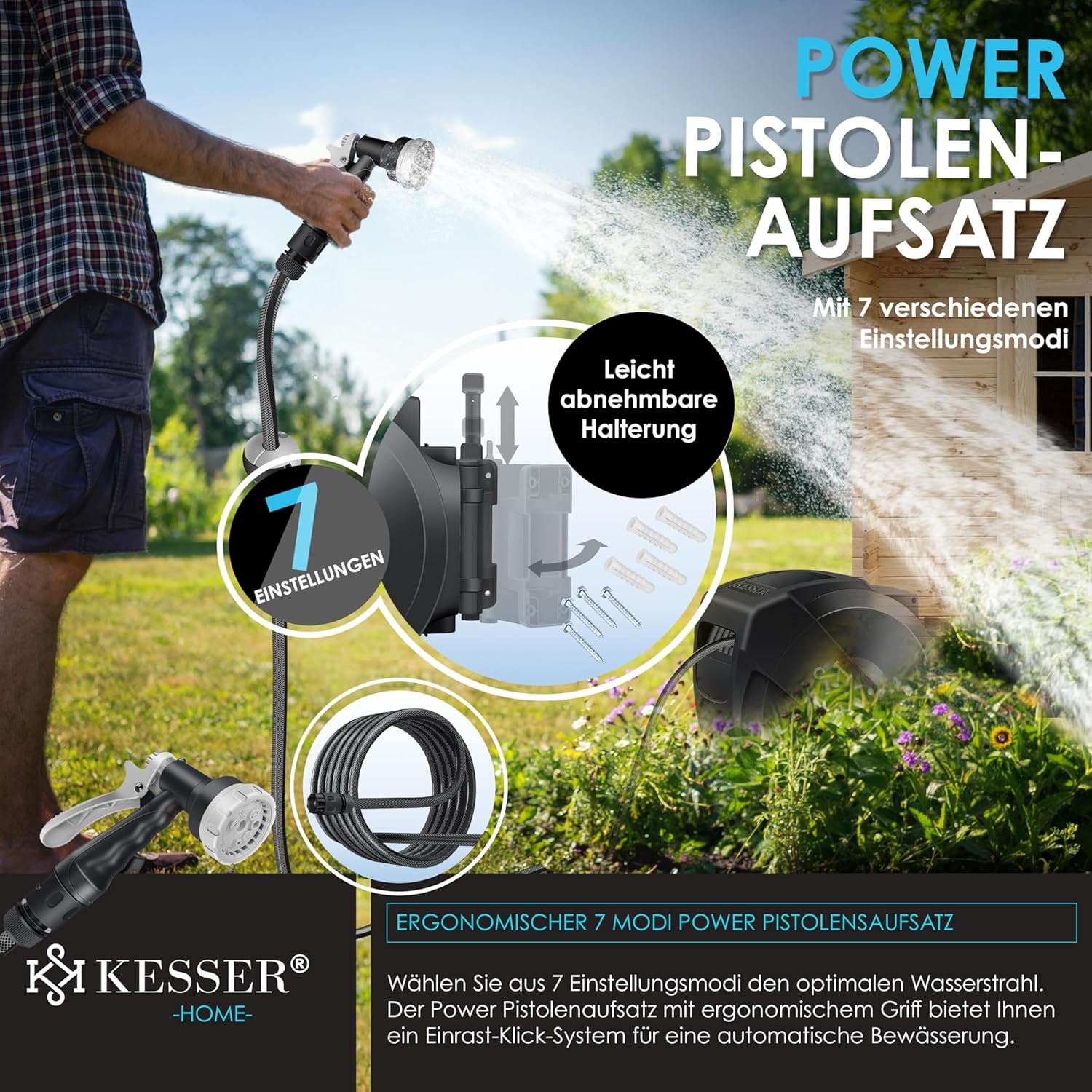 KESSER® Schlauchtrommel mit Gartenschlauch 35m | Wasserschlauchtrommel zur Wandmontage | Wandhalterung | 180° schwenkbar & automatische Aufrollung | Wand-Schlauchbox inkl. 7-Funktionen Handbrause — Ansicht 6