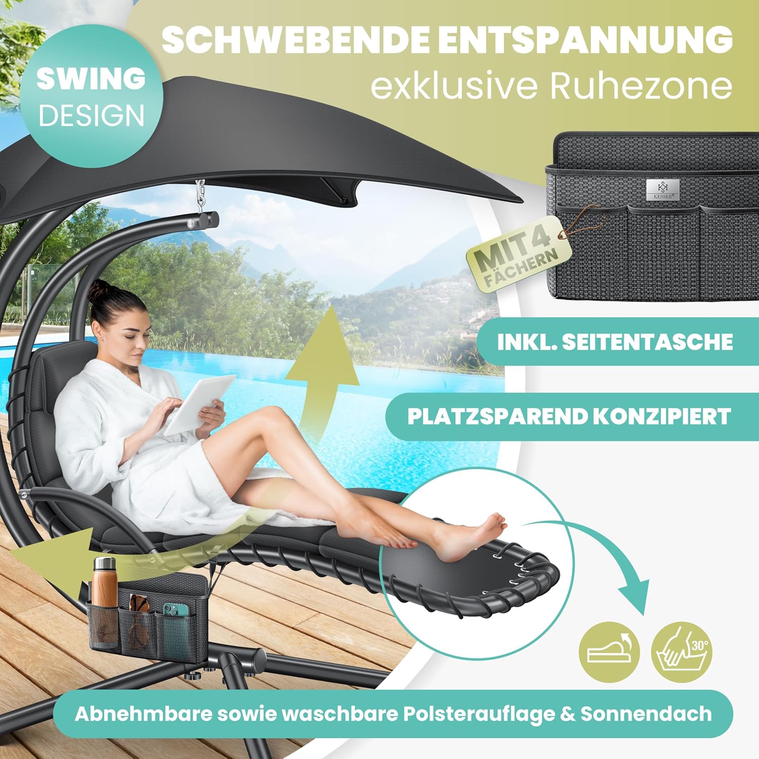 KESSER® Schwebeliege mit Sonnenschirm, Hängeliege, Sonnenliege H200, L194, B100 cm, Relaxliege, Schaukelliege Hängematte, bis 120 kg belastbar, Auflagen - Nackenkissen, Inkl. Tasche — Ansicht 3