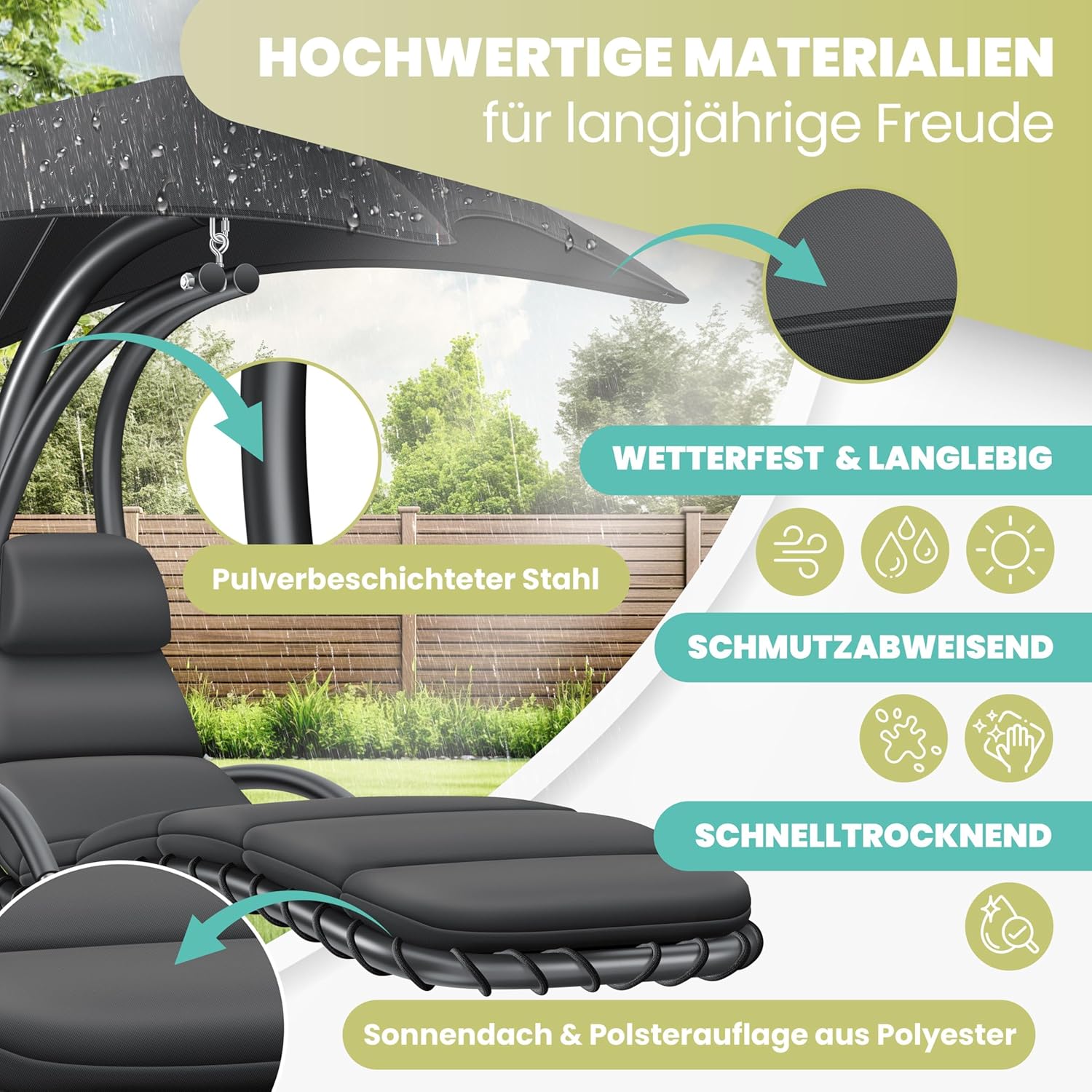 KESSER® Schwebeliege mit Sonnenschirm, Hängeliege, Sonnenliege H200, L194, B100 cm, Relaxliege, Schaukelliege Hängematte, bis 120 kg belastbar, Auflagen - Nackenkissen, Inkl. Tasche — Ansicht 5