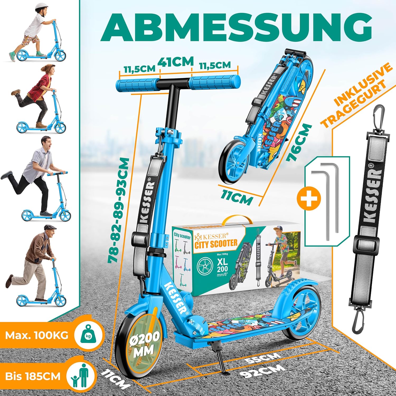 KESSER® Scooter Roller Kinderroller Cityroller Tretroller Kickroller klappbar höhenverstellbar, Kickscooter bis 100kg, Hinterradbremse, rutschfeste Trittfläche, bis 185cm Körpergröße, inkl. Tragegurt — Ansicht 2