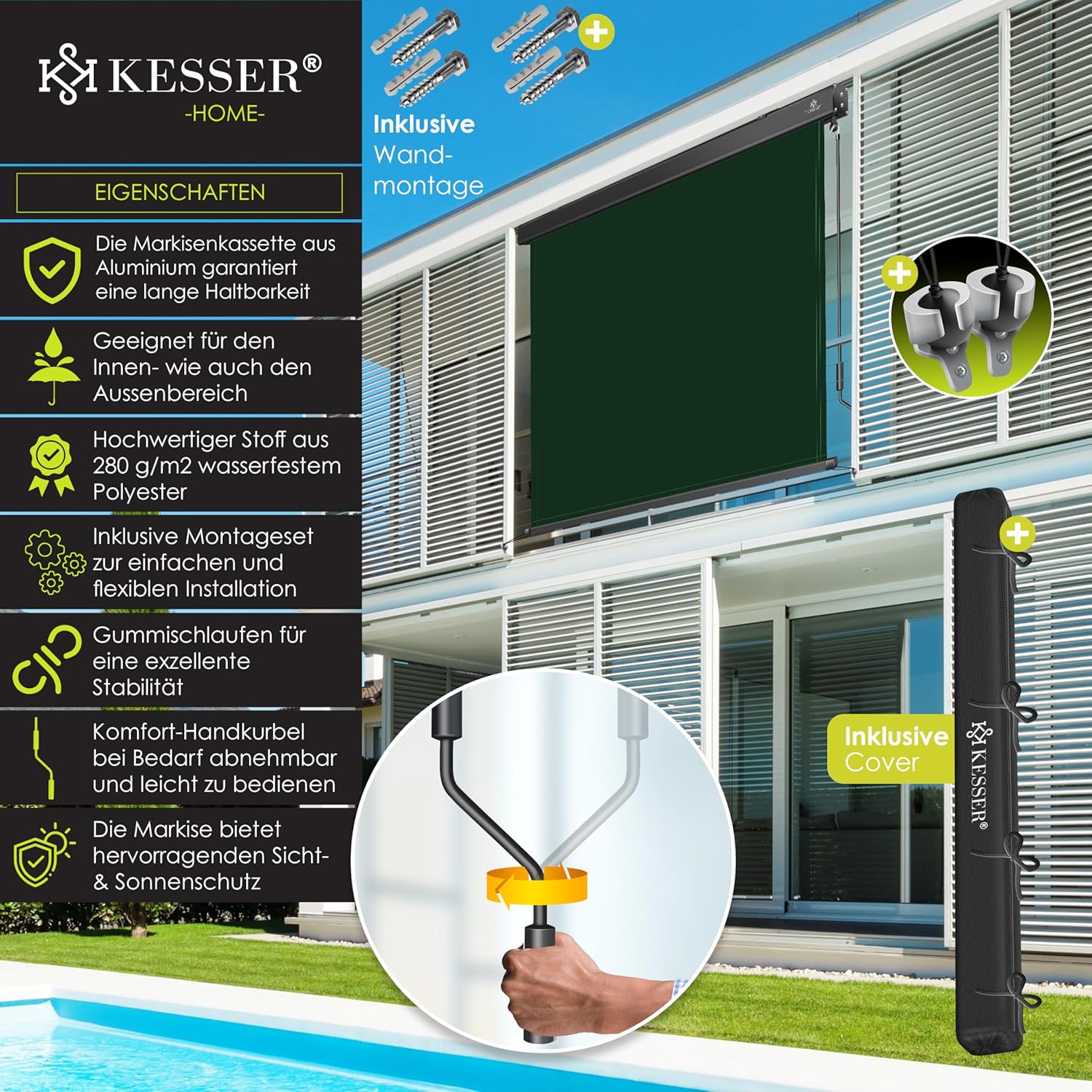 KESSER® Senkrechtmarkise 180x250cm Außenrollo Handkurbelmechanismus Balkonrollo Sonnen-und Sichtschutz Beschattung Sonnenschutz mit Kurbel Markisenkasten Balkon & Terrasse inkl Montageset & Abdeckung — Ansicht 2