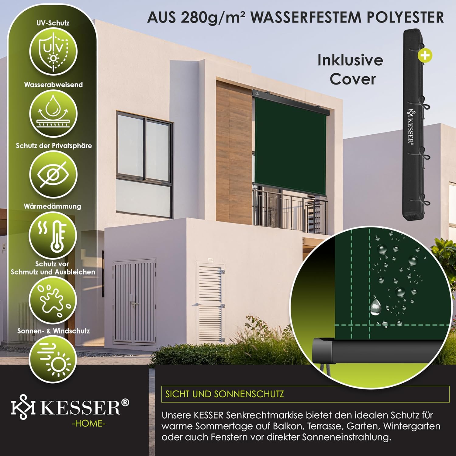 KESSER® Senkrechtmarkise 180x250cm Außenrollo Handkurbelmechanismus Balkonrollo Sonnen-und Sichtschutz Beschattung Sonnenschutz mit Kurbel Markisenkasten Balkon & Terrasse inkl Montageset & Abdeckung — Ansicht 6