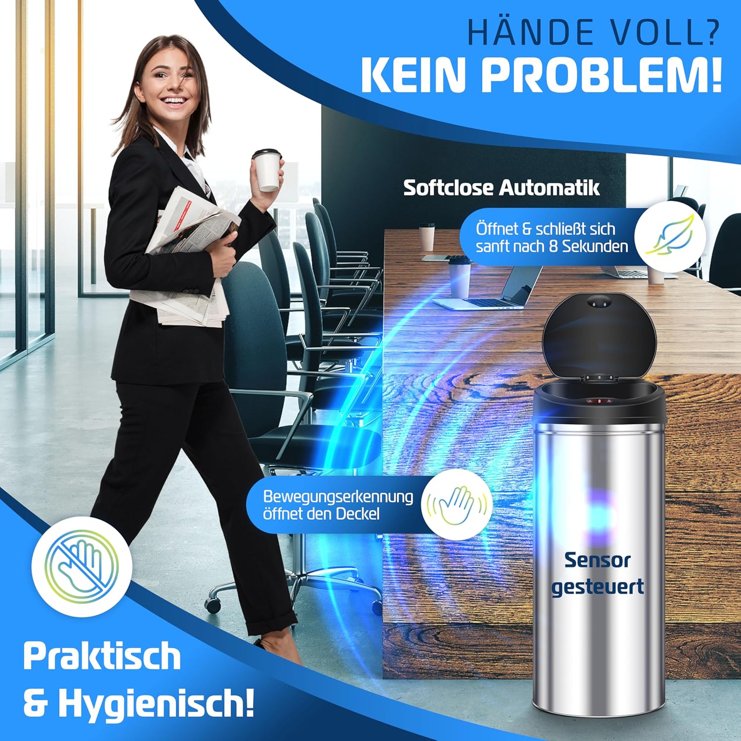 KESSER® Sensor Mülleimer ✓ Automatik ✓ Abfalleimer ✓ Abfall | EDELSTAHL | Farbe: SILBER | Größe: 40 L — Ansicht 3