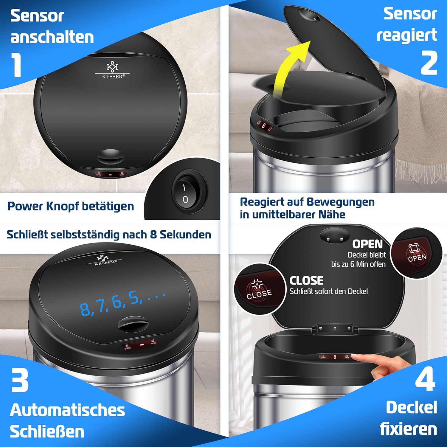 KESSER® Sensor Mülleimer ✓ Automatik ✓ Abfalleimer ✓ Abfall | EDELSTAHL | Farbe: SILBER | Größe: 40 L — Ansicht 6