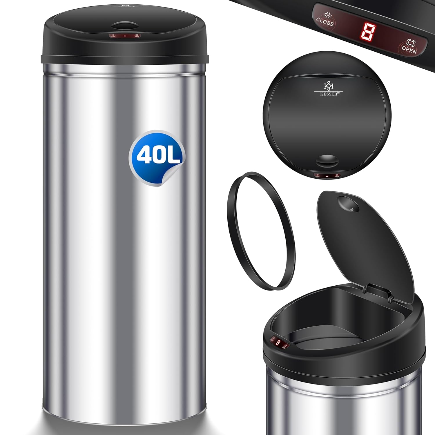 KESSER® Sensor Mülleimer ✓ Automatik ✓ Abfalleimer ✓ Abfall | EDELSTAHL | Farbe: SILBER | Größe: 40 L