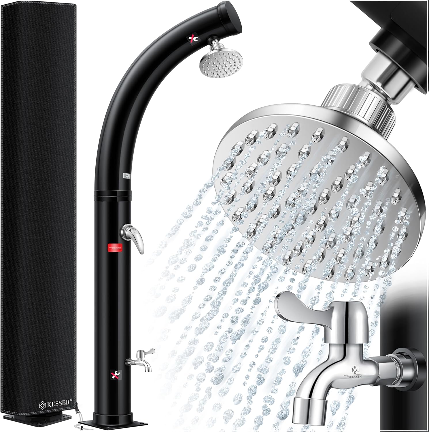 KESSER® Solar Gartendusche Solardusche Bogen mit Schutzhaube | 35 Liter warmes Wasser max. 60°C Pooldusche Camping | Regenduschkopf & Wasserhahn | Gartenschlauch-Anschluss