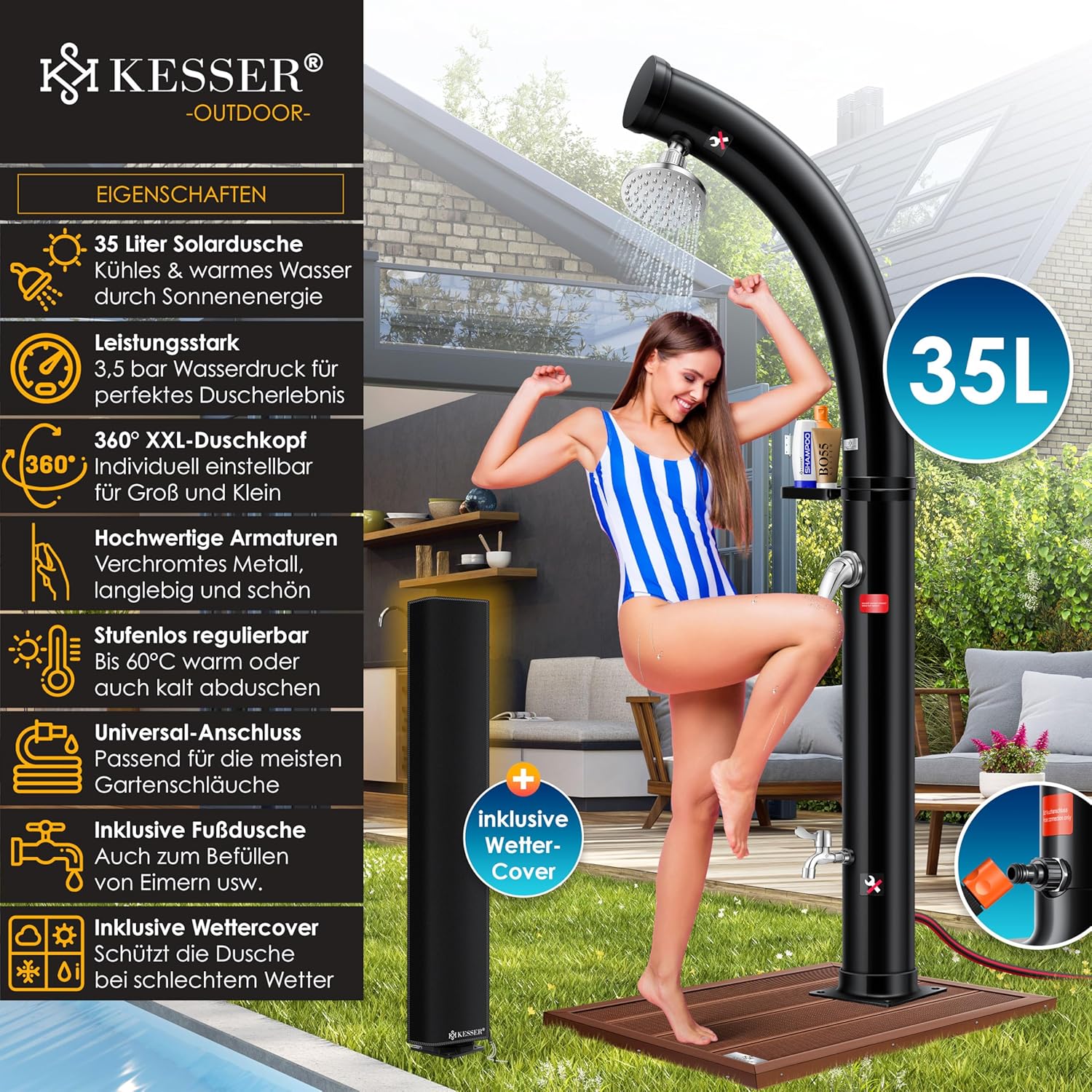 KESSER® Solar Gartendusche Solardusche Bogen mit Schutzhaube | 35 Liter warmes Wasser max. 60°C Pooldusche Camping | Regenduschkopf & Wasserhahn | Gartenschlauch-Anschluss — Ansicht 2