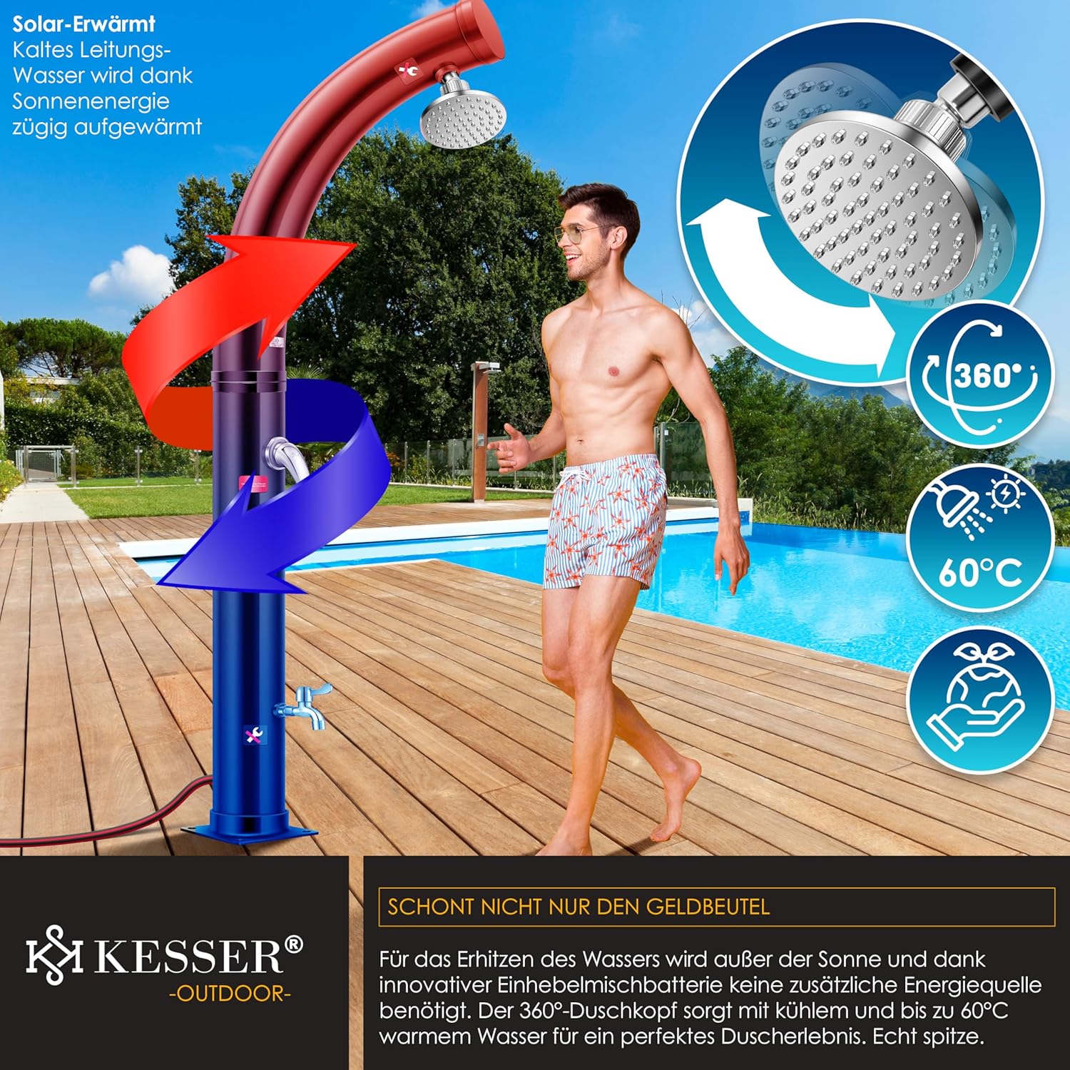 KESSER® Solar Gartendusche Solardusche Bogen mit Schutzhaube | 35 Liter warmes Wasser max. 60°C Pooldusche Camping | Regenduschkopf & Wasserhahn | Gartenschlauch-Anschluss — Ansicht 4