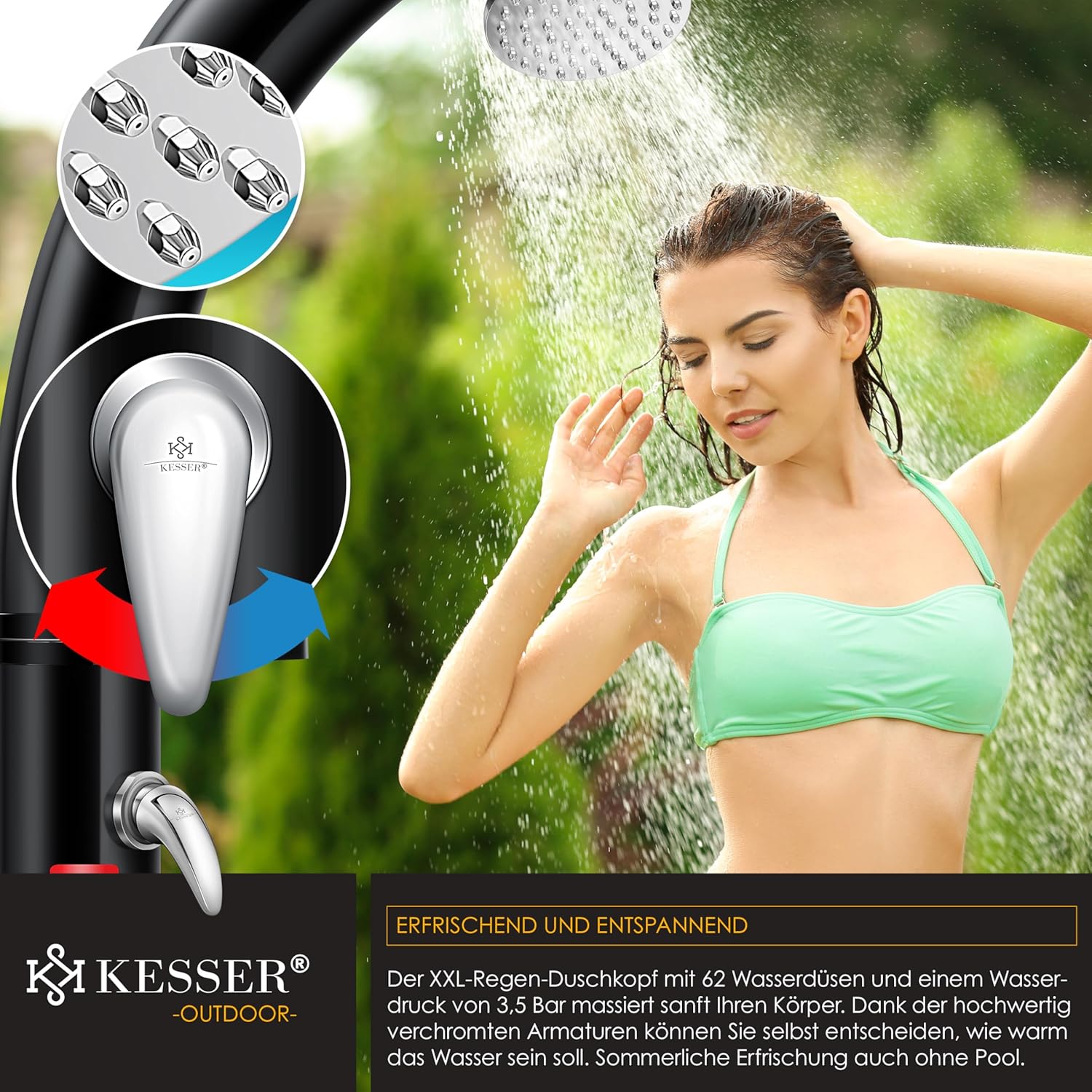 KESSER® Solar Gartendusche Solardusche Bogen mit Schutzhaube | 35 Liter warmes Wasser max. 60°C Pooldusche Camping | Regenduschkopf & Wasserhahn | Gartenschlauch-Anschluss — Ansicht 5