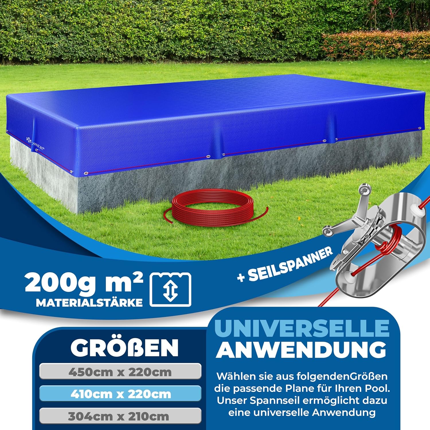 KESSER® Solar Poolabdeckung Pool Abdeckplane Rechteckig 410x220cm Poolplane 200g/m2 PE Material Inkl. Stahlseil + Seilspanner mit Ösen Solarplane Abdeckung UV-resistent, Wetterfest für Sommer & Winter — Ansicht 2