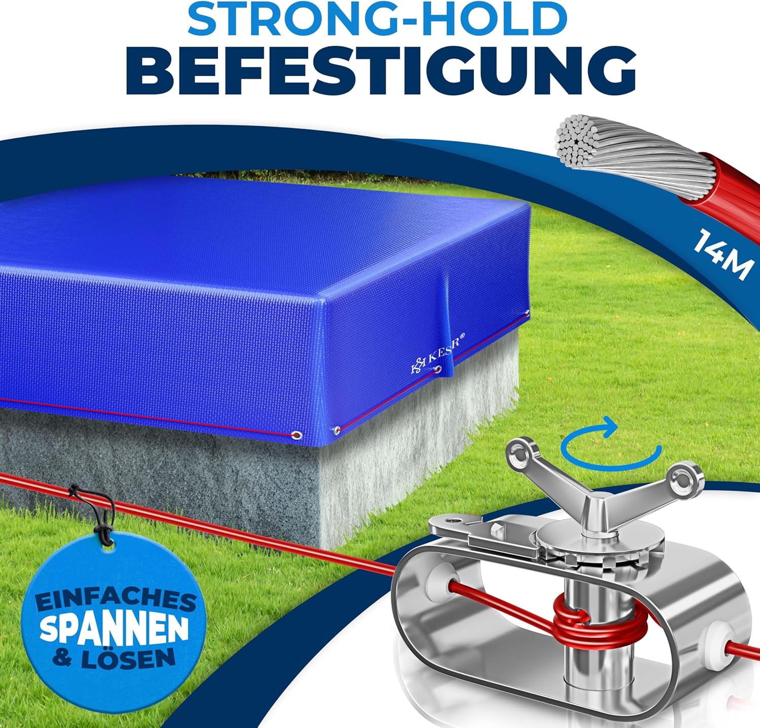 KESSER® Solar Poolabdeckung Pool Abdeckplane Rechteckig 410x220cm Poolplane 200g/m2 PE Material Inkl. Stahlseil + Seilspanner mit Ösen Solarplane Abdeckung UV-resistent, Wetterfest für Sommer & Winter — Ansicht 5