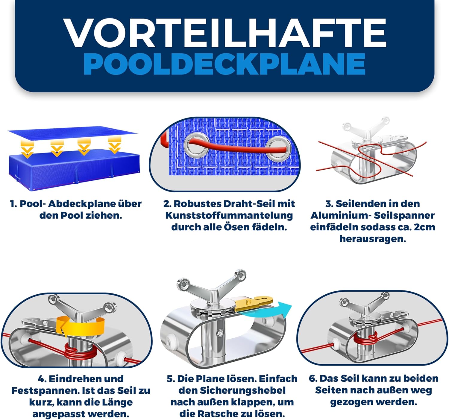 KESSER® Solar Poolabdeckung Pool Abdeckplane Rechteckig 410x220cm Poolplane 200g/m2 PE Material Inkl. Stahlseil + Seilspanner mit Ösen Solarplane Abdeckung UV-resistent, Wetterfest für Sommer & Winter — Ansicht 6