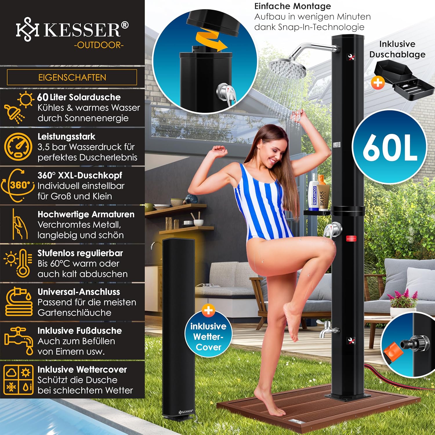 KESSER® Solardusche 60L Gartendusche, Solar Dusche für Garten & Pool mit warmem Wasser, Pooldusche ohne Strom, Regenduschkopf & Wasserhahn mit Gartenschlauch-Anschluss + Ablage, Schutzhaube — Ansicht 2