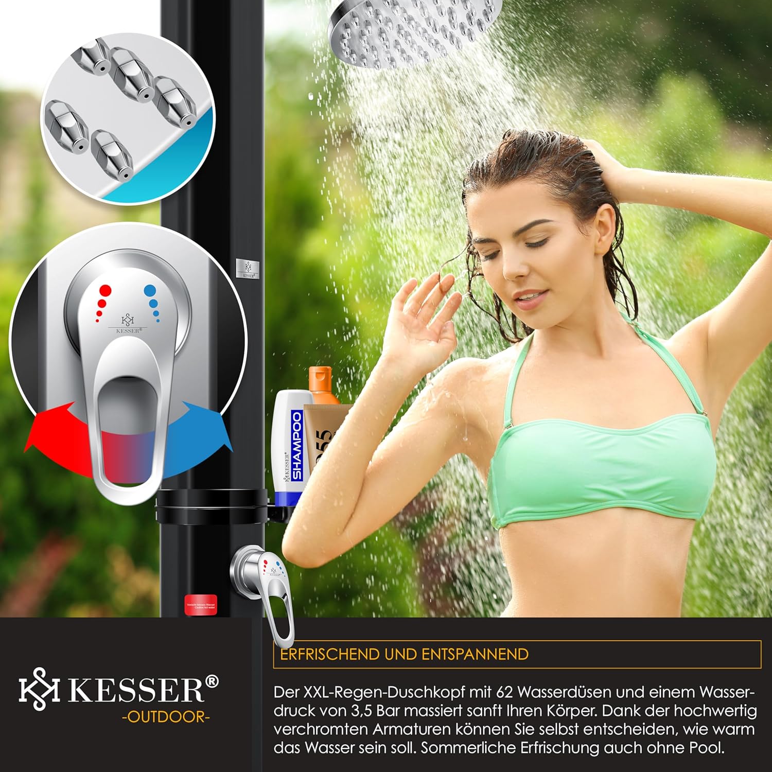KESSER® Solardusche 60L Gartendusche, Solar Dusche für Garten & Pool mit warmem Wasser, Pooldusche ohne Strom, Regenduschkopf & Wasserhahn mit Gartenschlauch-Anschluss + Ablage, Schutzhaube — Ansicht 5