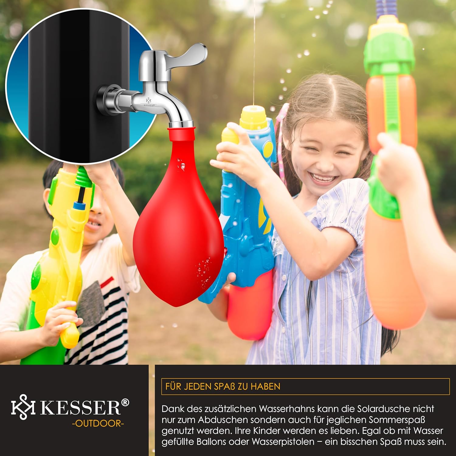 KESSER® Solardusche 60L Gartendusche, Solar Dusche für Garten & Pool mit warmem Wasser, Pooldusche ohne Strom, Regenduschkopf & Wasserhahn mit Gartenschlauch-Anschluss + Ablage, Schutzhaube — Ansicht 6
