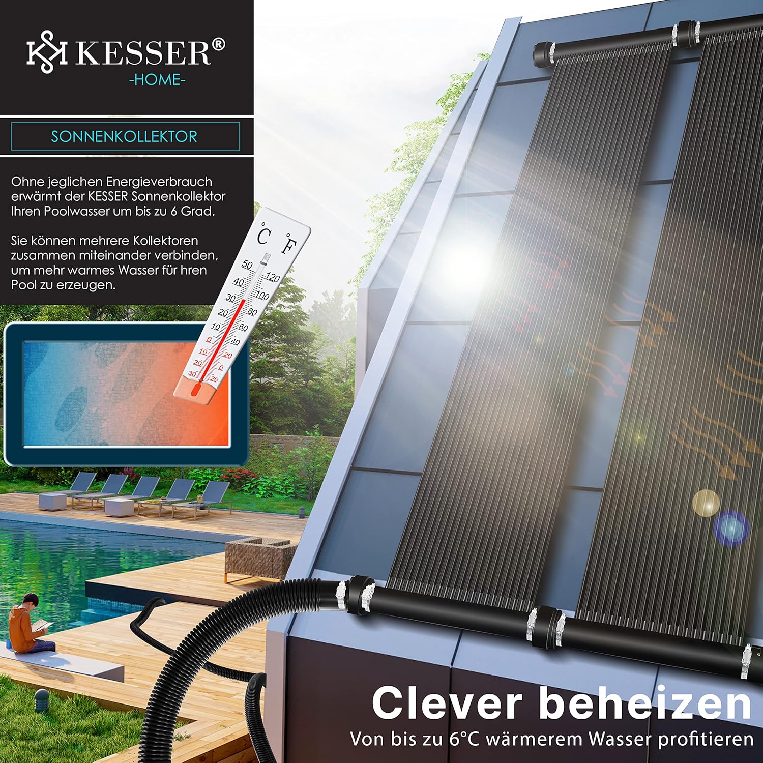 KESSER® Solarkollektor Poolheizung 600x140 cm, Pool Zubehör, Wärmepumpe Pool, Solar Poolheizer für Pools bis 48.000L, Pool Solarheizung erweiterbar, UV-beständiger Kunststoff, Schwimmbad Solarheizung — Ansicht 5