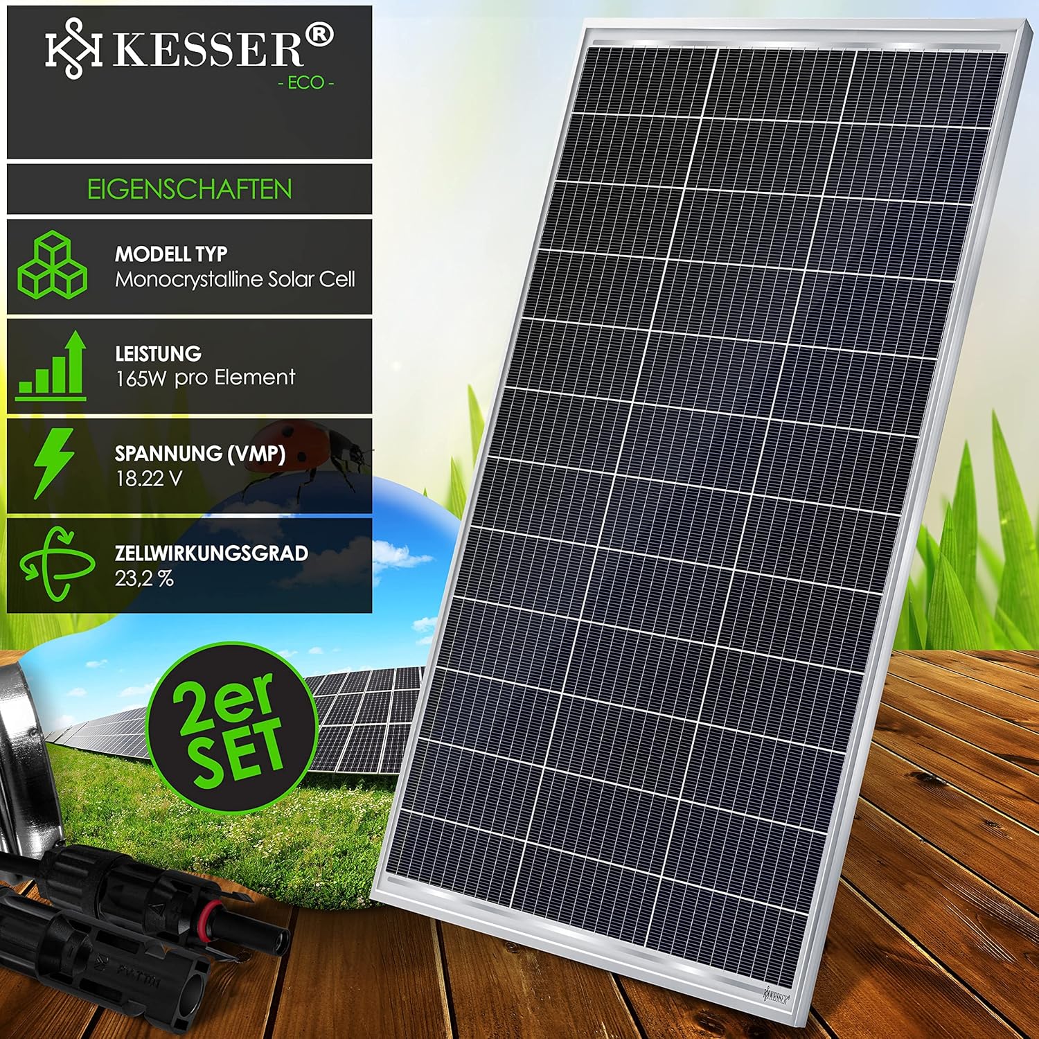 KESSER® Solarpanel 2er Set Monokristallin Solarmodul Solarpanel - 165W 18 V für 12 V Batterien, Photovoltaik - Solarzelle Solaranlage PV-Anlage Solar für Wohnwagen, Camping, Balkon, Gartenhäuser — Ansicht 2