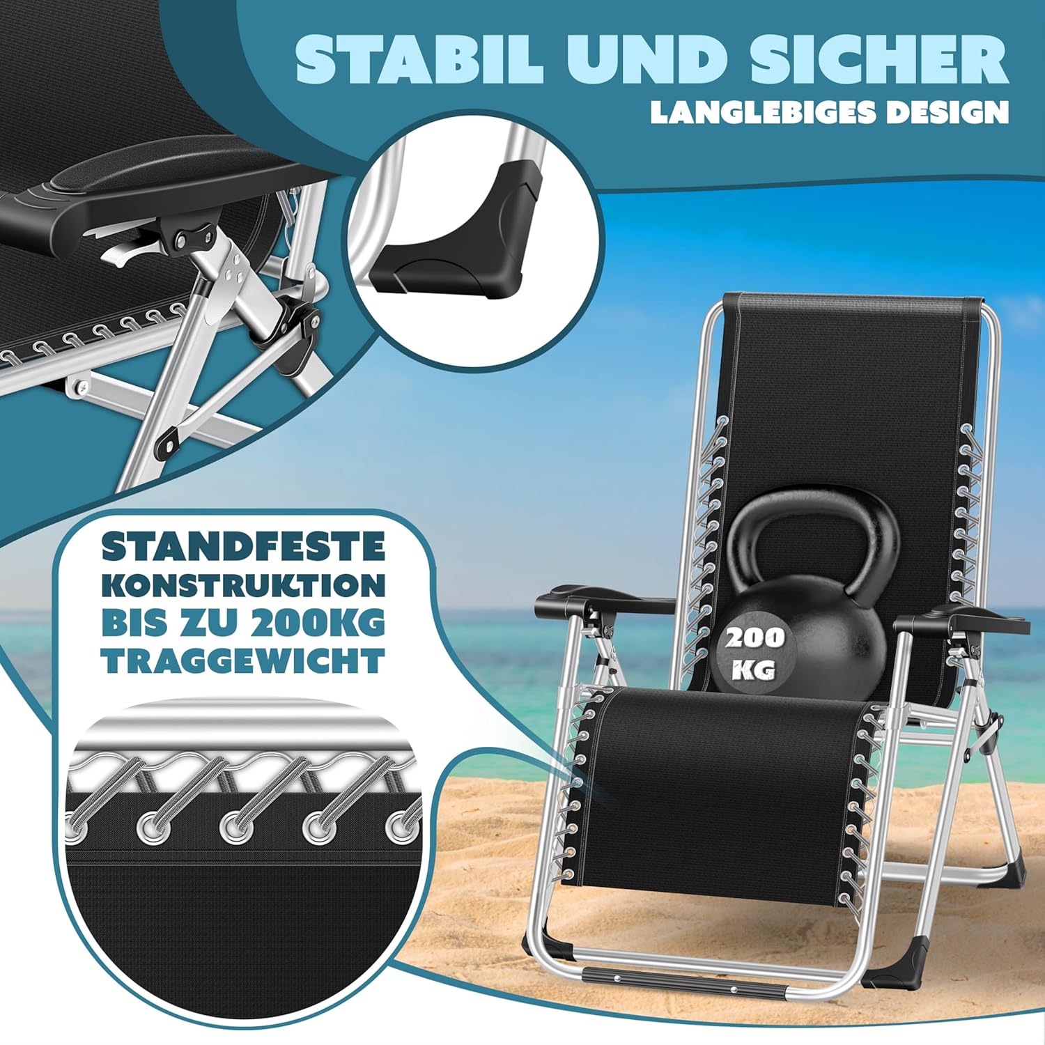 KESSER® Sonnenliege Liegestuhl,Gartenliege extra breit & Wetterfest,Belastbar 200kg,Ergonomisches Polster verstellbare Rückenlehne inkl. Nackenkissen Getränkehalter Armpolster & Seitentasche Anthrazit — Ansicht 5
