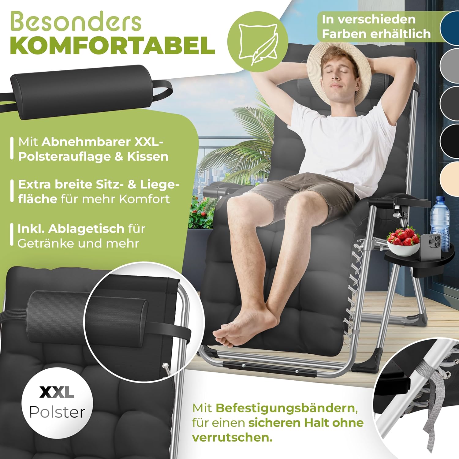 KESSER® Sonnenliege Liegestuhl Klappbar & Wetterfest, Gartenstuhl Belastbar 200kg Ergonomisches Polster Extra Breit Verstellbare Rückenlehne Gartenliege inkl. Nackenkissen & Getränkehalter, Schwarz — Ansicht 3