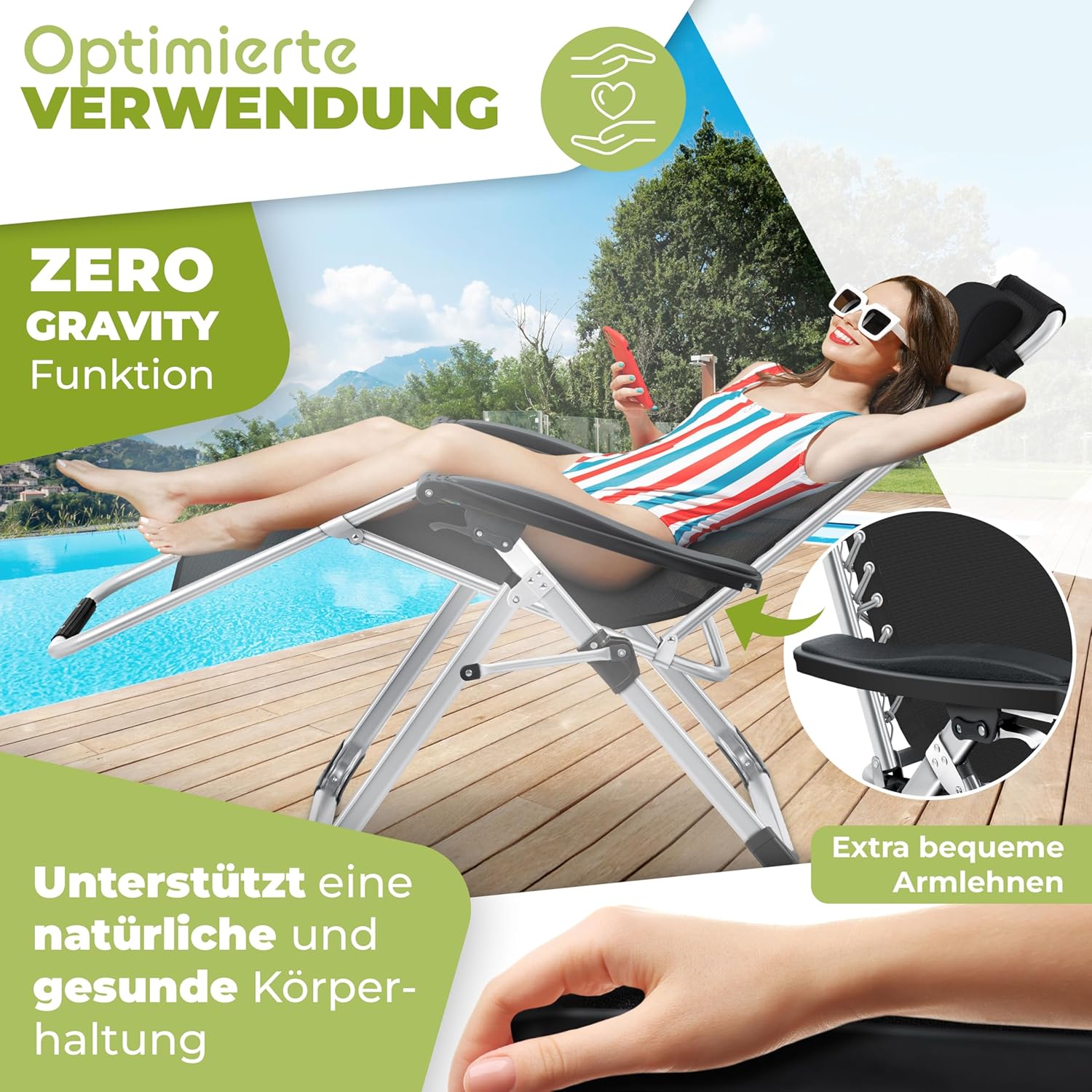 KESSER® Sonnenliege Liegestuhl Klappbar & Wetterfest, Gartenstuhl Belastbar 200kg Ergonomisches Polster Extra Breit Verstellbare Rückenlehne Gartenliege inkl. Nackenkissen & Getränkehalter, Schwarz — Ansicht 4