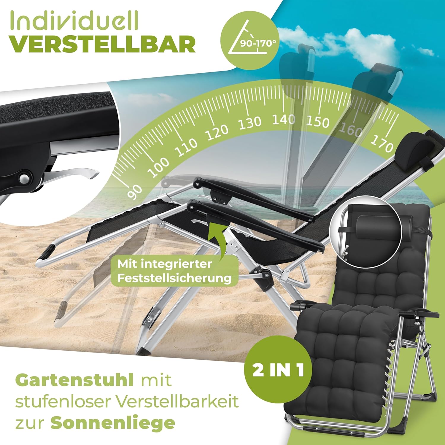 KESSER® Sonnenliege Liegestuhl Klappbar & Wetterfest, Gartenstuhl Belastbar 200kg Ergonomisches Polster Extra Breit Verstellbare Rückenlehne Gartenliege inkl. Nackenkissen & Getränkehalter, Schwarz — Ansicht 6