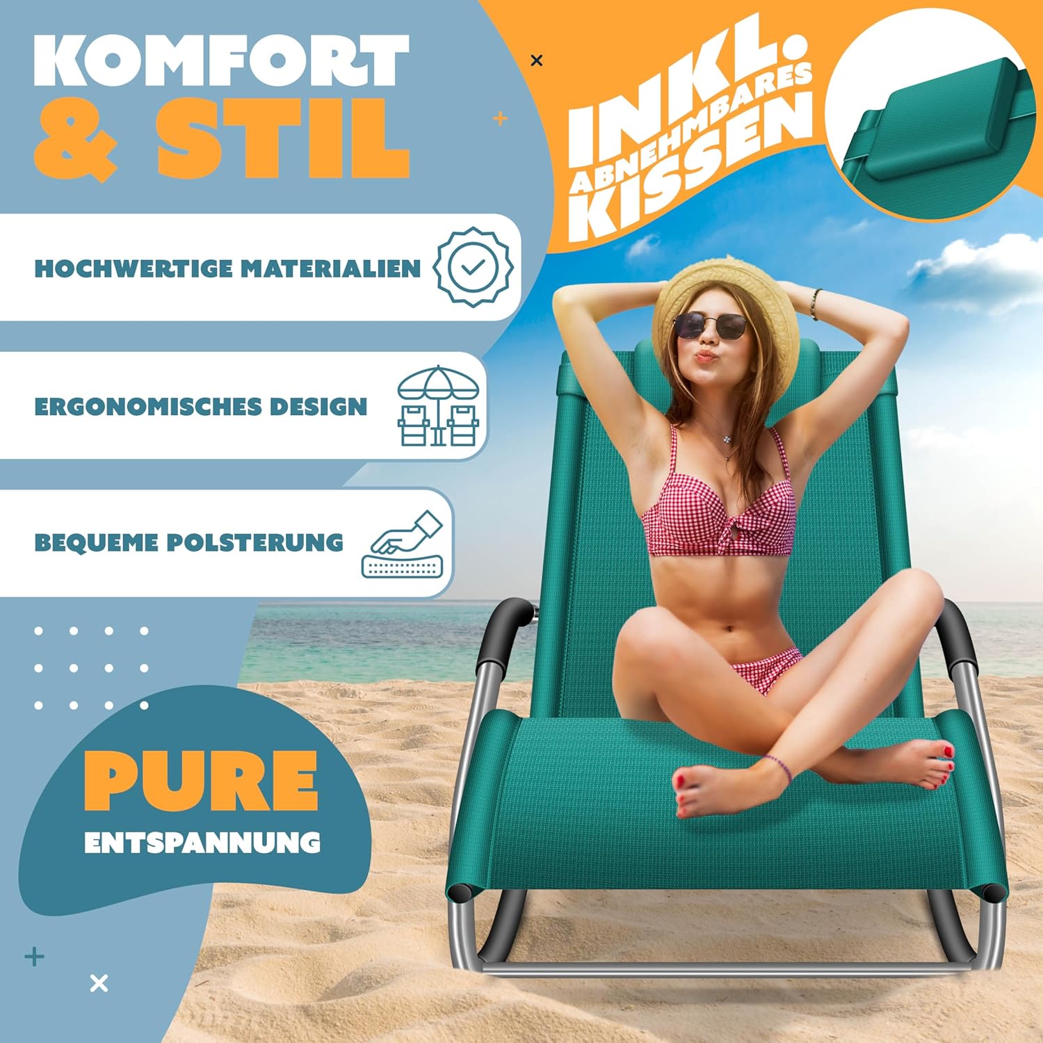 KESSER® Sonnenliege Relaxliege Schwungliege | Gartenliege | Gartenstuhl | Liegestuhl | Schaukelsessel | ergonomische Relaxsessel | Kopfkissen | wetterfest | 150 kg Belastung | Petrolgrün — Ansicht 3