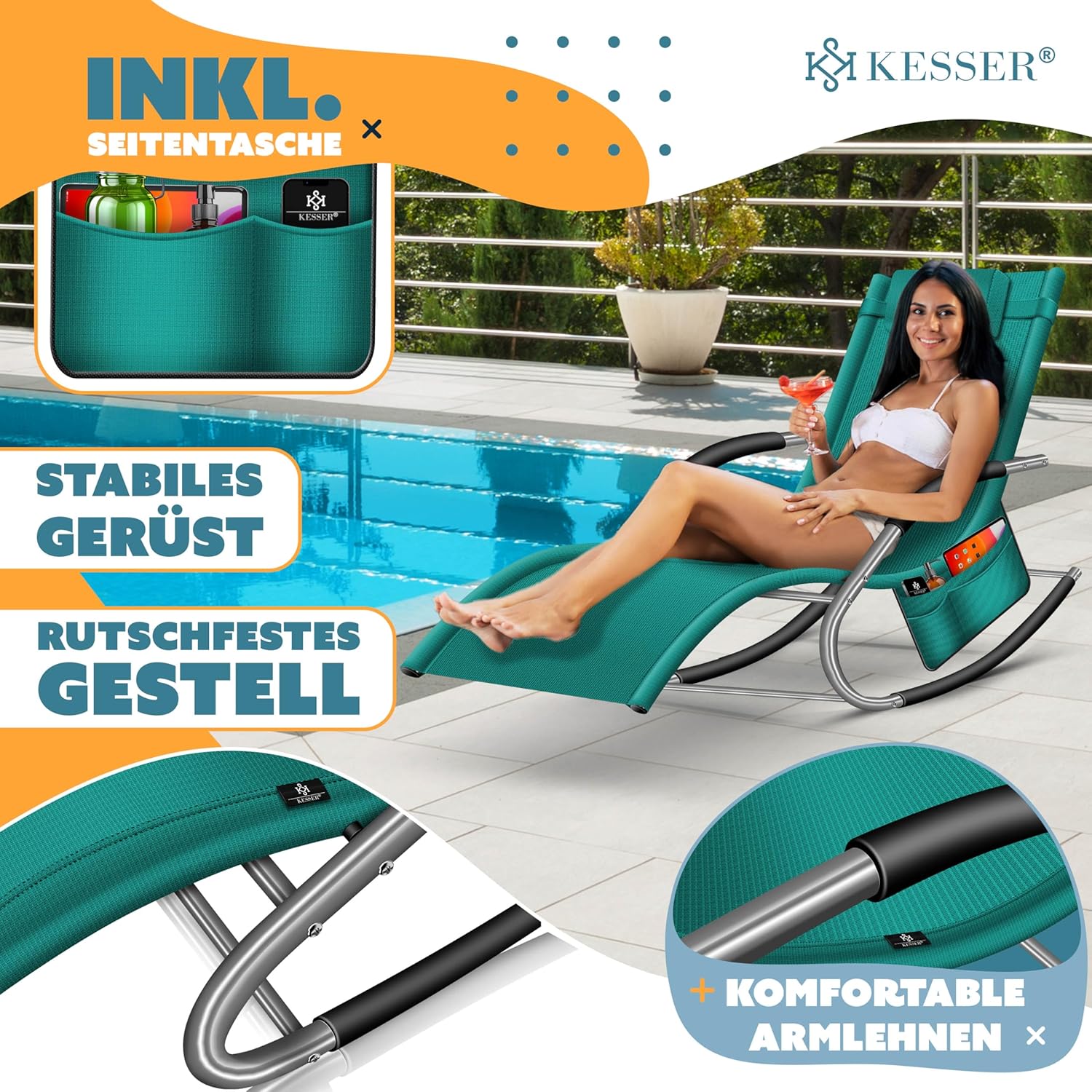 KESSER® Sonnenliege Relaxliege Schwungliege | Gartenliege | Gartenstuhl | Liegestuhl | Schaukelsessel | ergonomische Relaxsessel | Kopfkissen | wetterfest | 150 kg Belastung | Petrolgrün — Ansicht 4