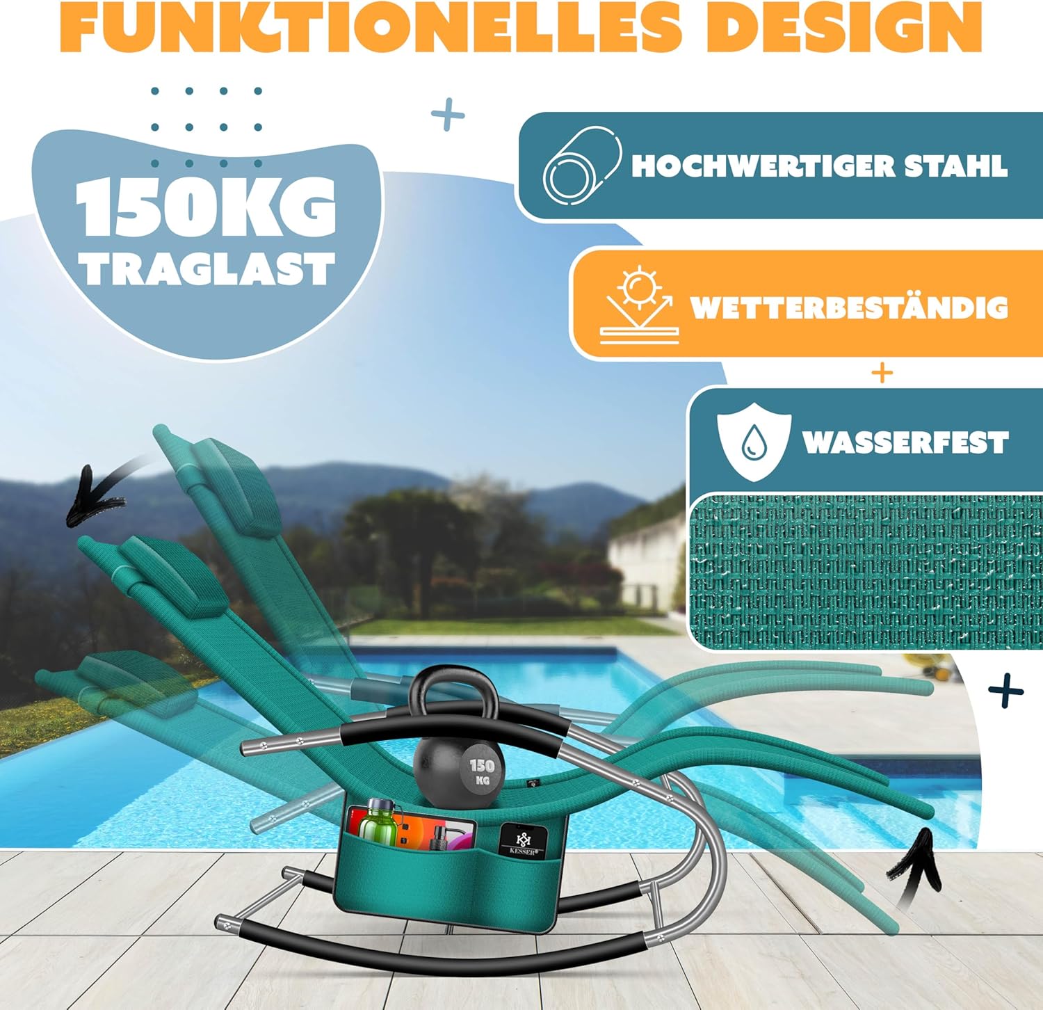 KESSER® Sonnenliege Relaxliege Schwungliege | Gartenliege | Gartenstuhl | Liegestuhl | Schaukelsessel | ergonomische Relaxsessel | Kopfkissen | wetterfest | 150 kg Belastung | Petrolgrün — Ansicht 5
