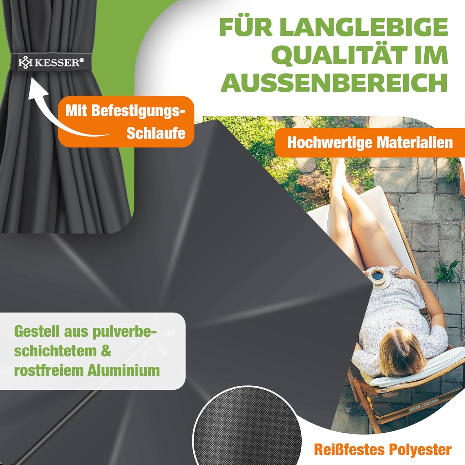 KESSER® Sonnenschirm Ø 350 cm, Ampelschirm mit Kurbel, für Balkon, Terrasse & Garten, Sonnenschutz, Gestell & Ständer aus Alu, UV-Schutz, wasserdicht + Windfest, 360° Funktion + Schutzhülle, Anthrazit — Ansicht 3