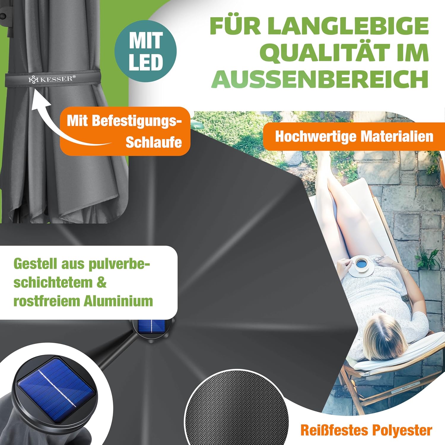 KESSER® Sonnenschirm Ampelschirm SUN Rund LED XL Ø330 cm, 7-Fach Verstellbar Drehbar Neigbar Kippbar Groß 360° Drehbar Gartenschirm mit Kurbel Sonnenschutz UV50+ Inkl. Windschutz & Abdeckung,Anthrazit — Ansicht 3