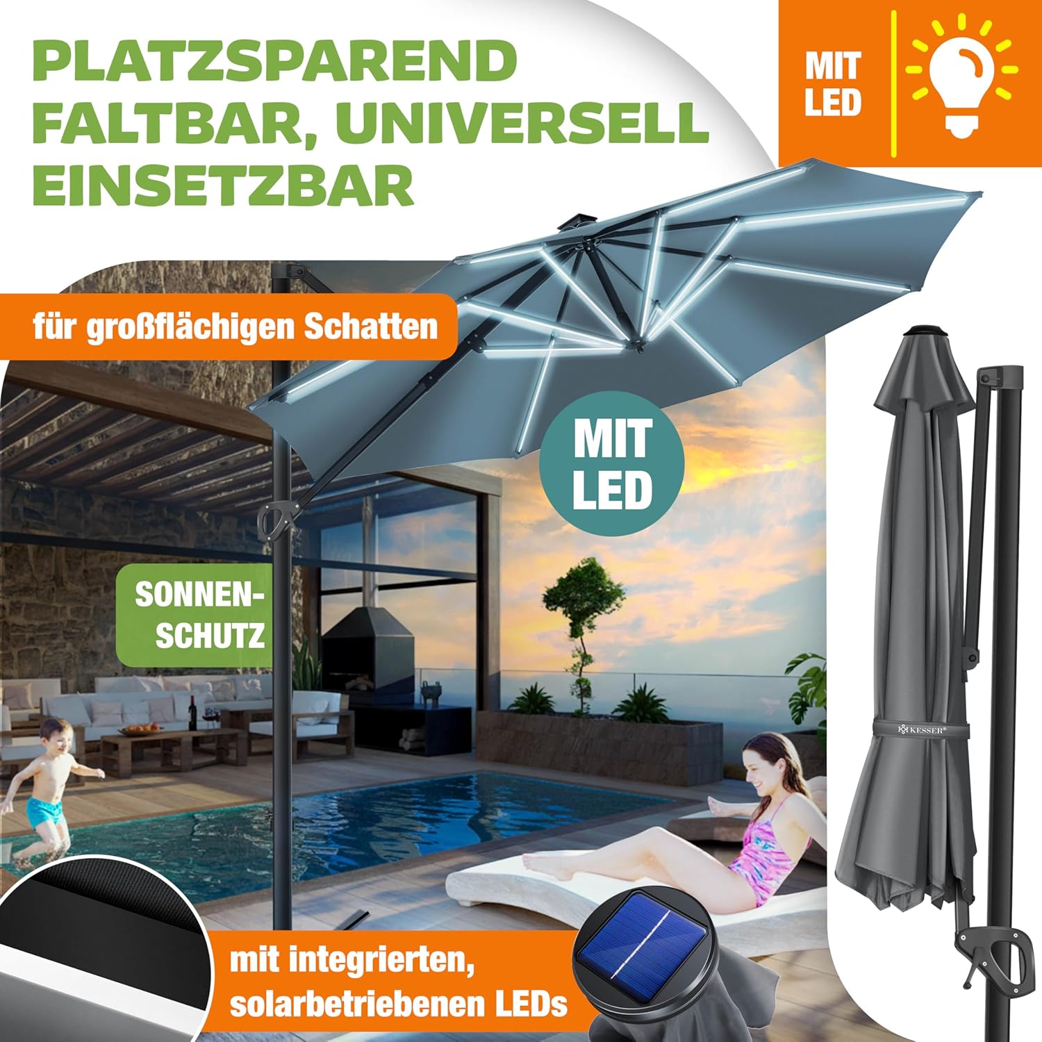KESSER® Sonnenschirm Ampelschirm SUN Rund LED XL Ø330 cm, 7-Fach Verstellbar Drehbar Neigbar Kippbar Groß 360° Drehbar Gartenschirm mit Kurbel Sonnenschutz UV50+ Inkl. Windschutz & Abdeckung,Anthrazit — Ansicht 4