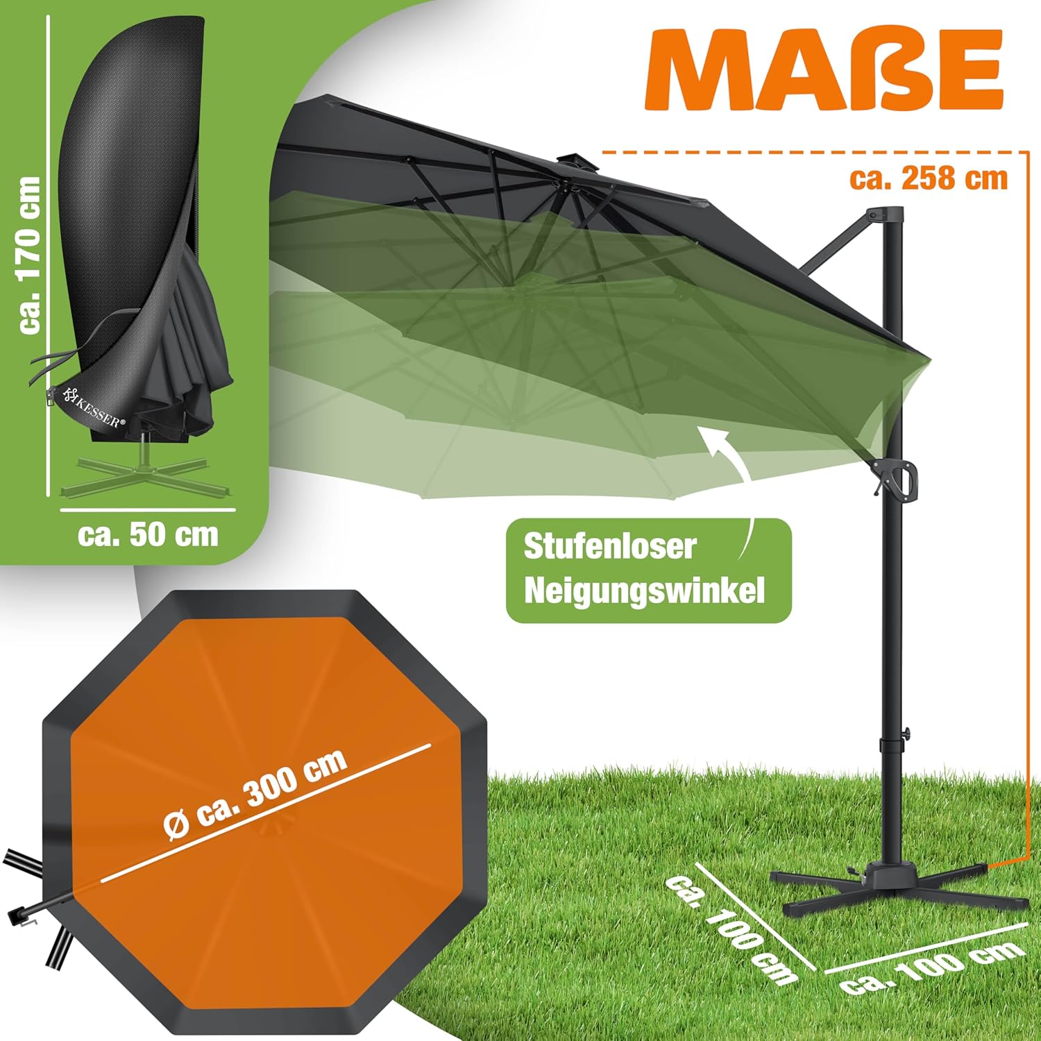 KESSER® Sonnenschirm Ampelschirm SUN Rund XL Ø330 cm Inkl. Abdeckung, 7-Fach Verstellbar Drehbar Neigbar Kippbar Groß 360° Drehbar Gartenschirm mit Kurbel Sonnenschutz UV50+ Anthrazit — Ansicht 2