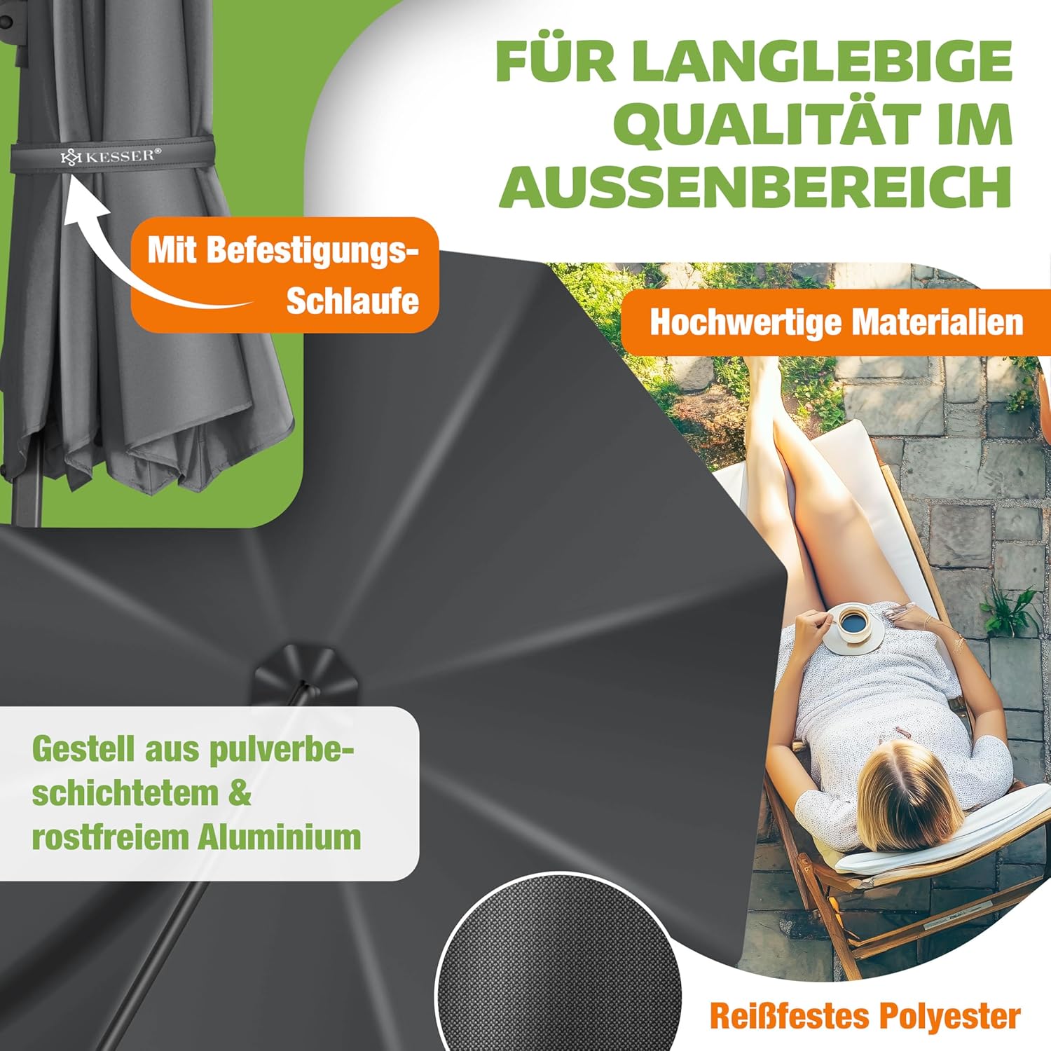KESSER® Sonnenschirm Ampelschirm SUN Rund XL Ø330 cm Inkl. Abdeckung, 7-Fach Verstellbar Drehbar Neigbar Kippbar Groß 360° Drehbar Gartenschirm mit Kurbel Sonnenschutz UV50+ Anthrazit — Ansicht 3