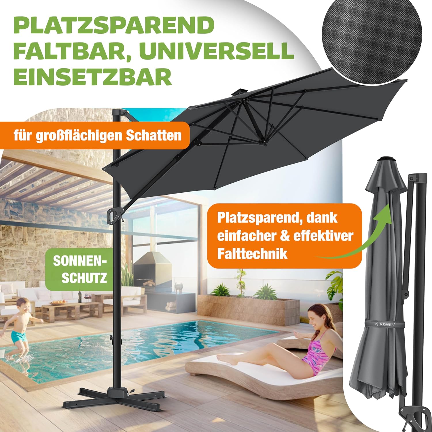 KESSER® Sonnenschirm Ampelschirm SUN Rund XL Ø330 cm Inkl. Abdeckung, 7-Fach Verstellbar Drehbar Neigbar Kippbar Groß 360° Drehbar Gartenschirm mit Kurbel Sonnenschutz UV50+ Anthrazit — Ansicht 4
