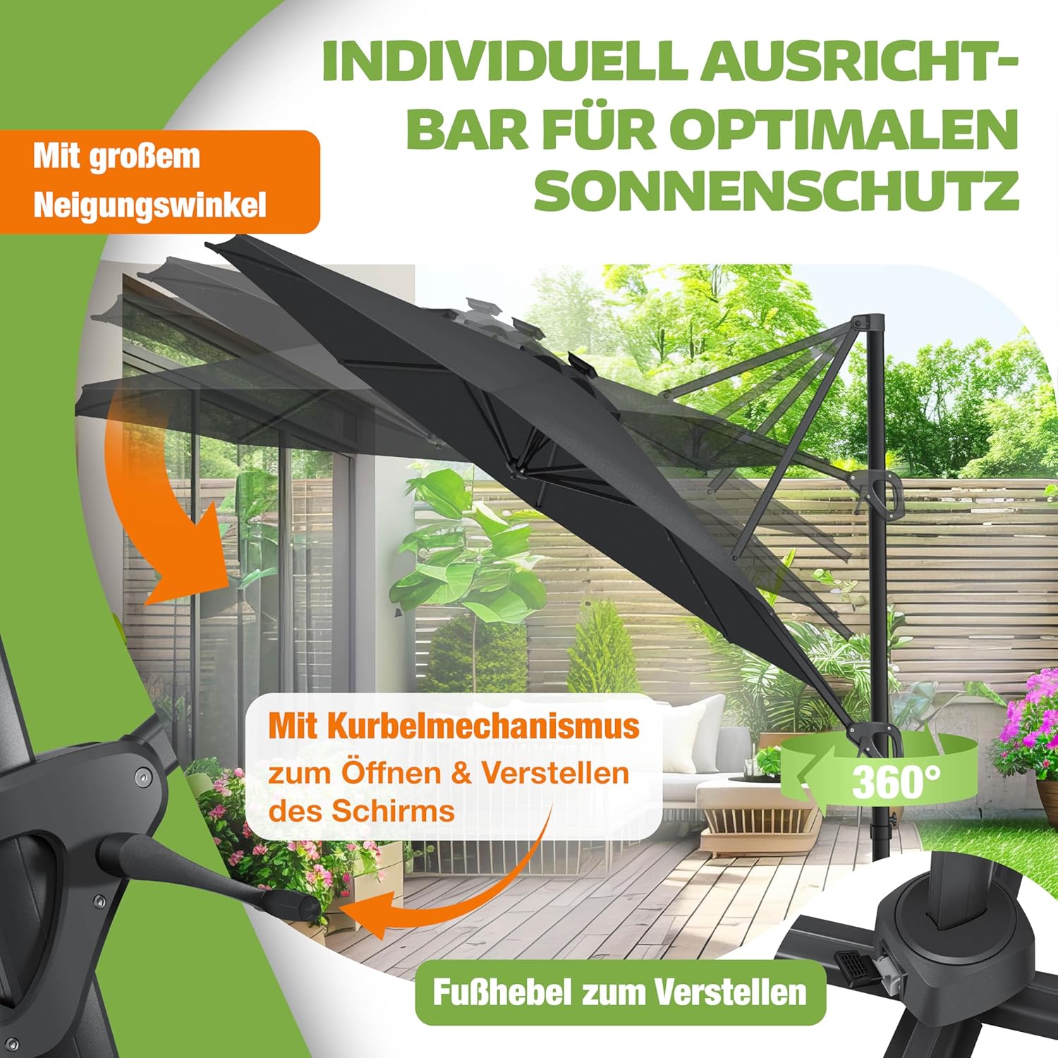 KESSER® Sonnenschirm Ampelschirm SUN Rund XL Ø330 cm Inkl. Abdeckung, 7-Fach Verstellbar Drehbar Neigbar Kippbar Groß 360° Drehbar Gartenschirm mit Kurbel Sonnenschutz UV50+ Anthrazit — Ansicht 5