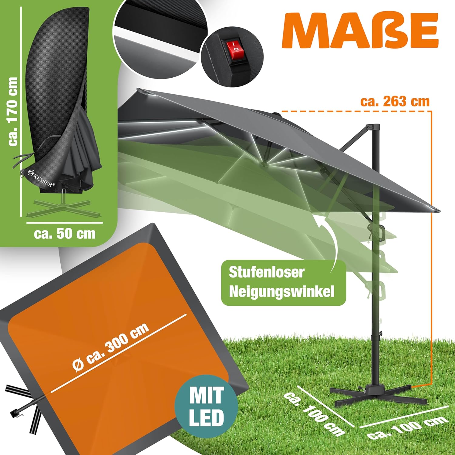 KESSER® Sonnenschirm Ampelschirm SUN XL 300 x 300 cm Inkl. Abdeckung + Windsicherung Drehbar Neigbar Kippbar Marktschirm Groß 360° Rotation, Gartenschirm mit Kurbel Sonnenschutz UV50+, Anthrazit — Ansicht 2