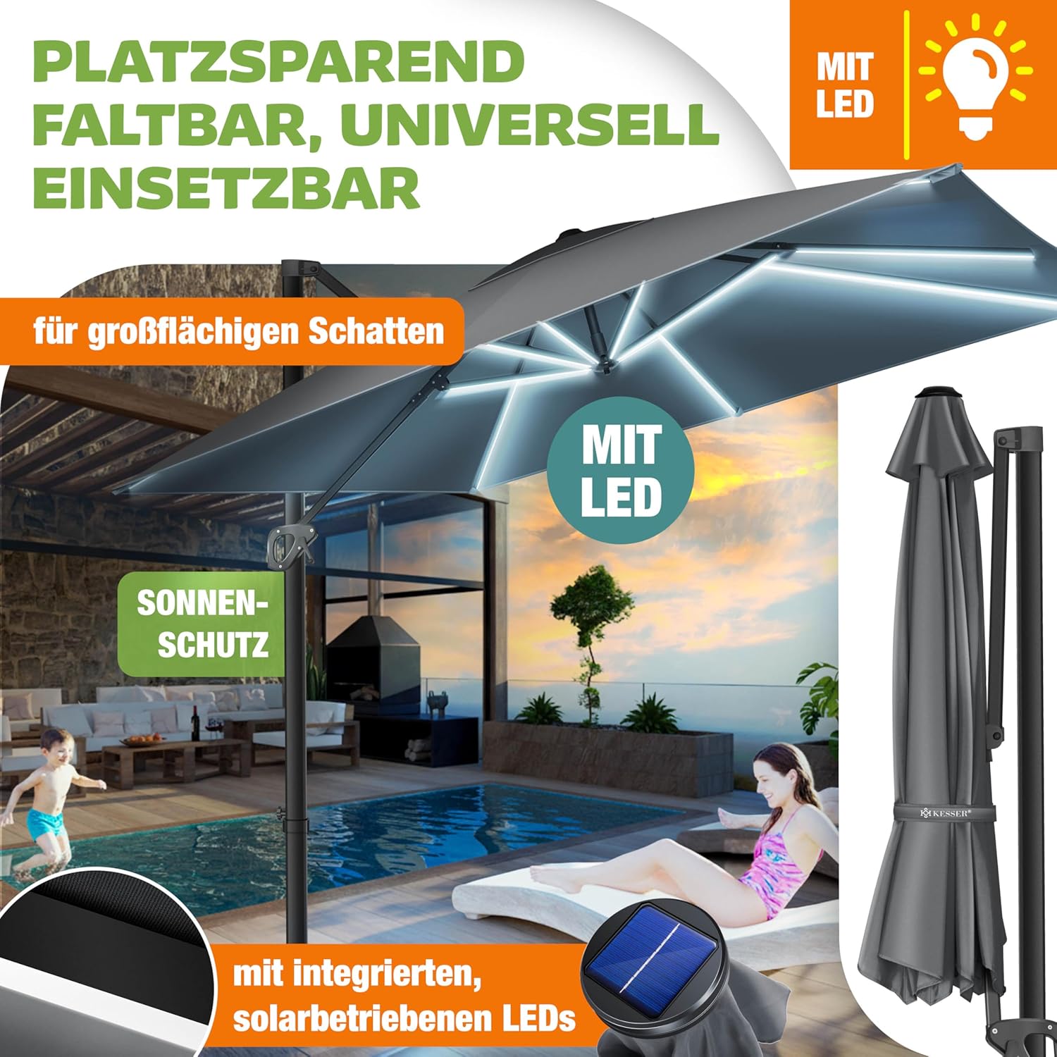 KESSER® Sonnenschirm Ampelschirm SUN XL 300 x 300 cm Inkl. Abdeckung + Windsicherung Drehbar Neigbar Kippbar Marktschirm Groß 360° Rotation, Gartenschirm mit Kurbel Sonnenschutz UV50+, Anthrazit — Ansicht 4