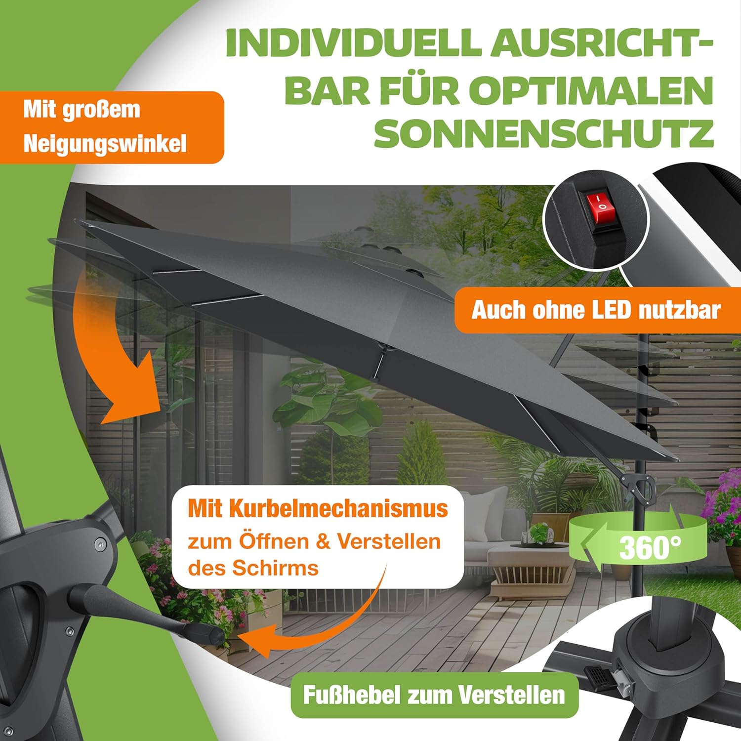 KESSER® Sonnenschirm Ampelschirm SUN XL 300 x 300 cm Inkl. Abdeckung + Windsicherung Drehbar Neigbar Kippbar Marktschirm Groß 360° Rotation, Gartenschirm mit Kurbel Sonnenschutz UV50+, Anthrazit — Ansicht 5