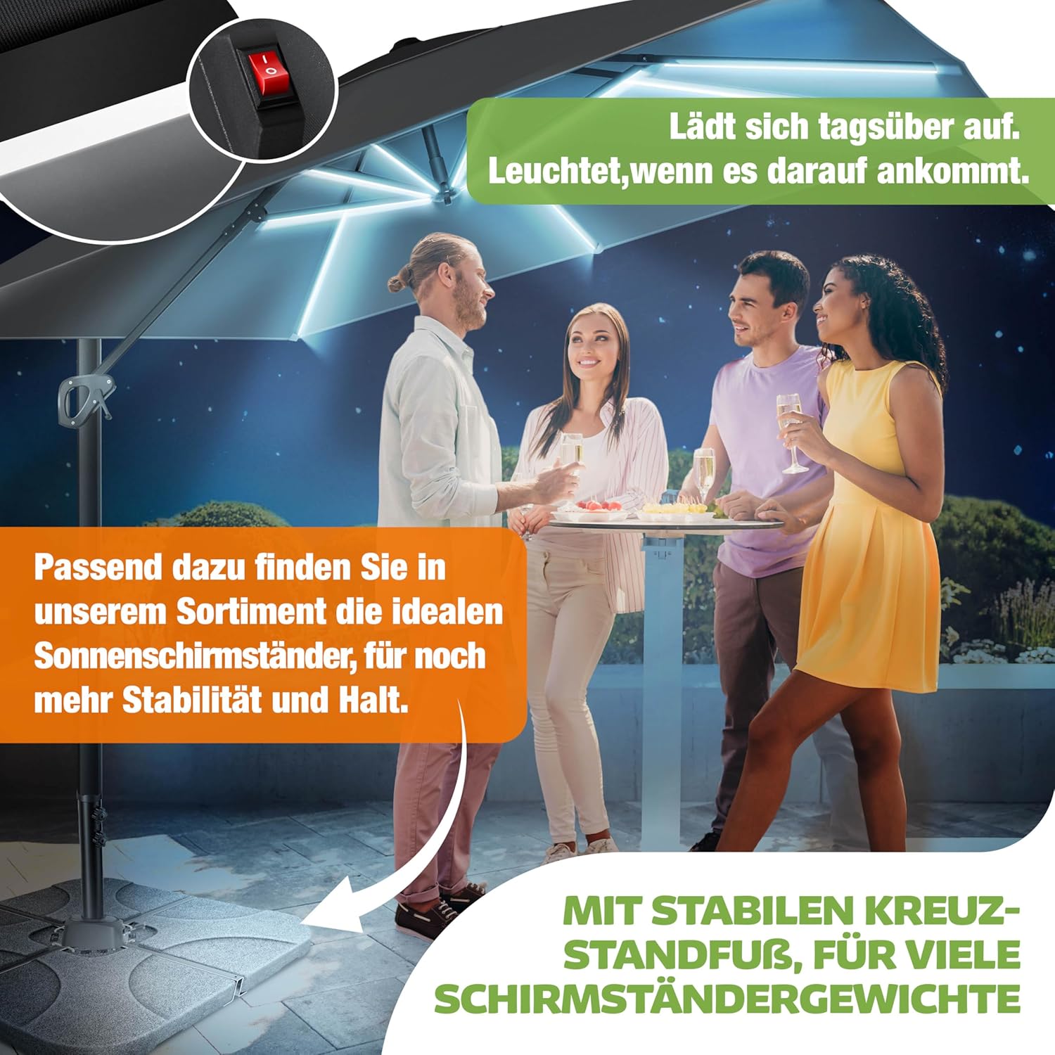 KESSER® Sonnenschirm Ampelschirm SUN XL 300 x 300 cm Inkl. Abdeckung + Windsicherung Drehbar Neigbar Kippbar Marktschirm Groß 360° Rotation, Gartenschirm mit Kurbel Sonnenschutz UV50+, Anthrazit — Ansicht 6